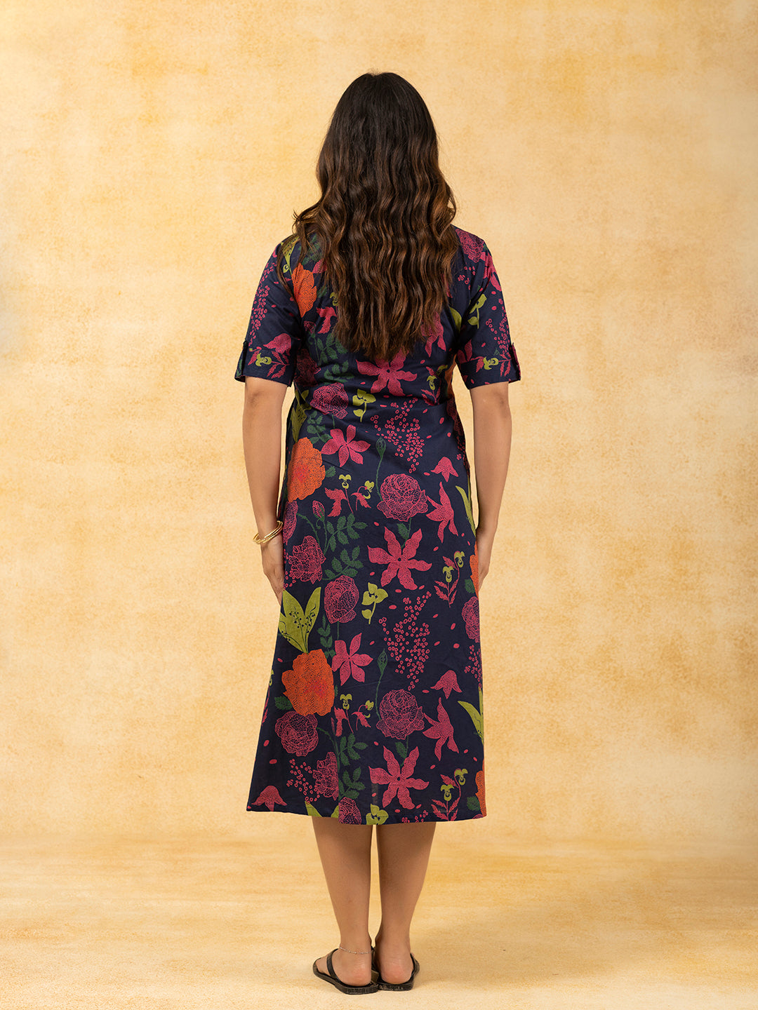 Navy Blue Printed A-Line Cotton Shirt Dress