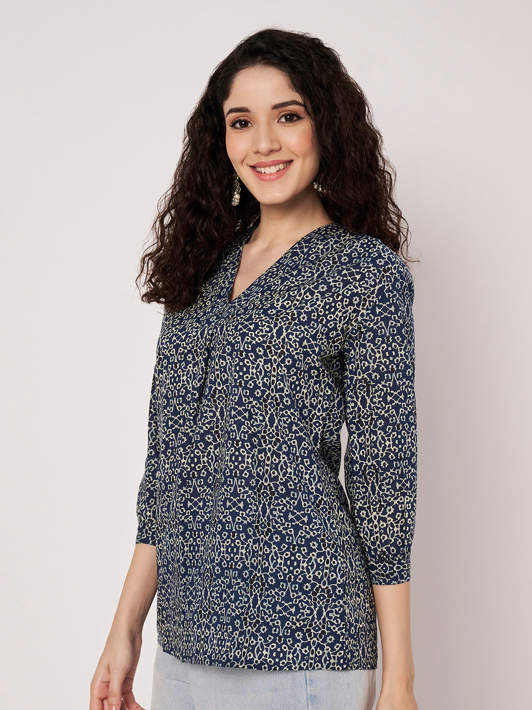 Blue Printed V-Neck Cotton Top