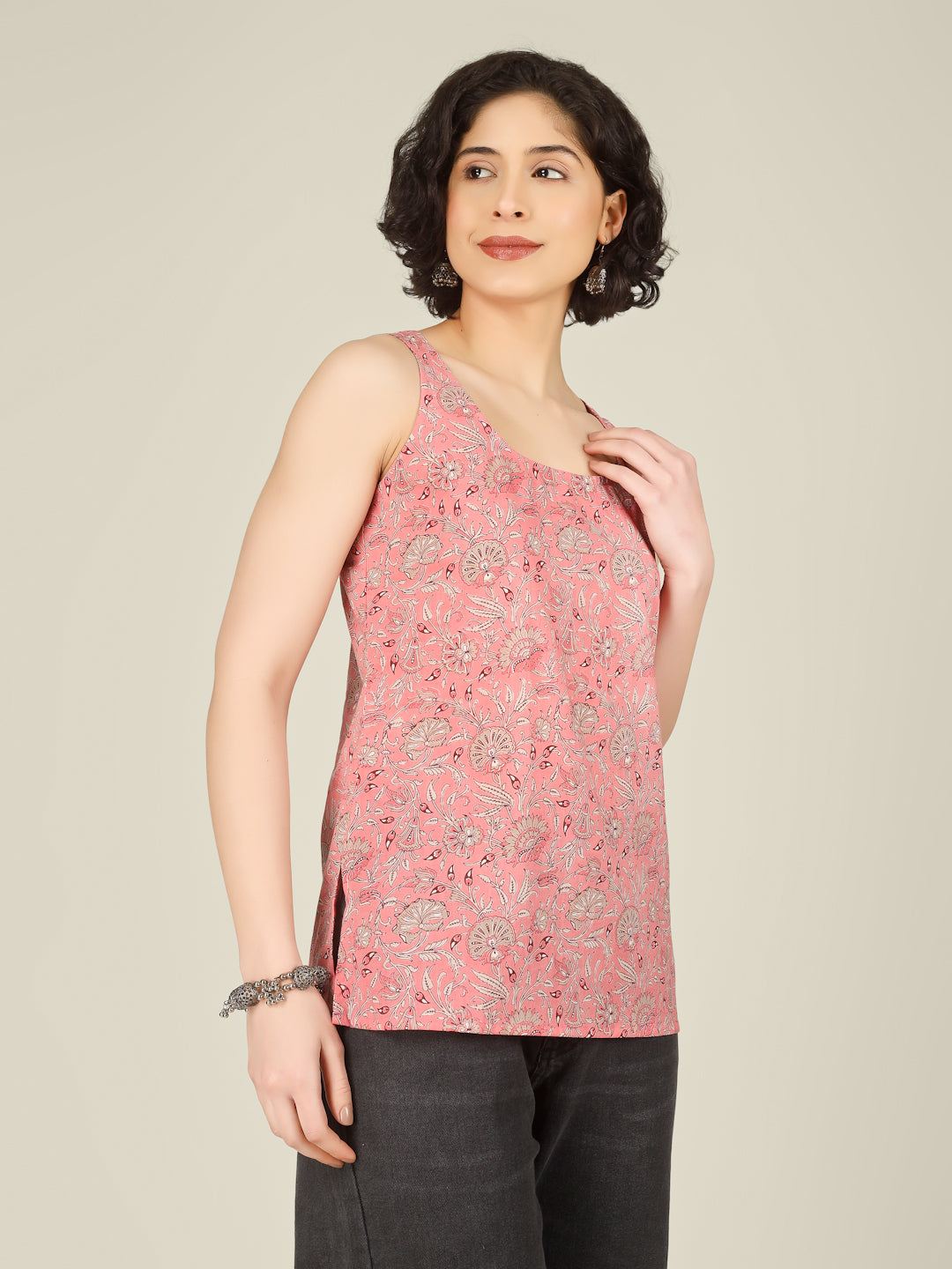 Peach Printed Round Neck Sleeveless Cotton Top
