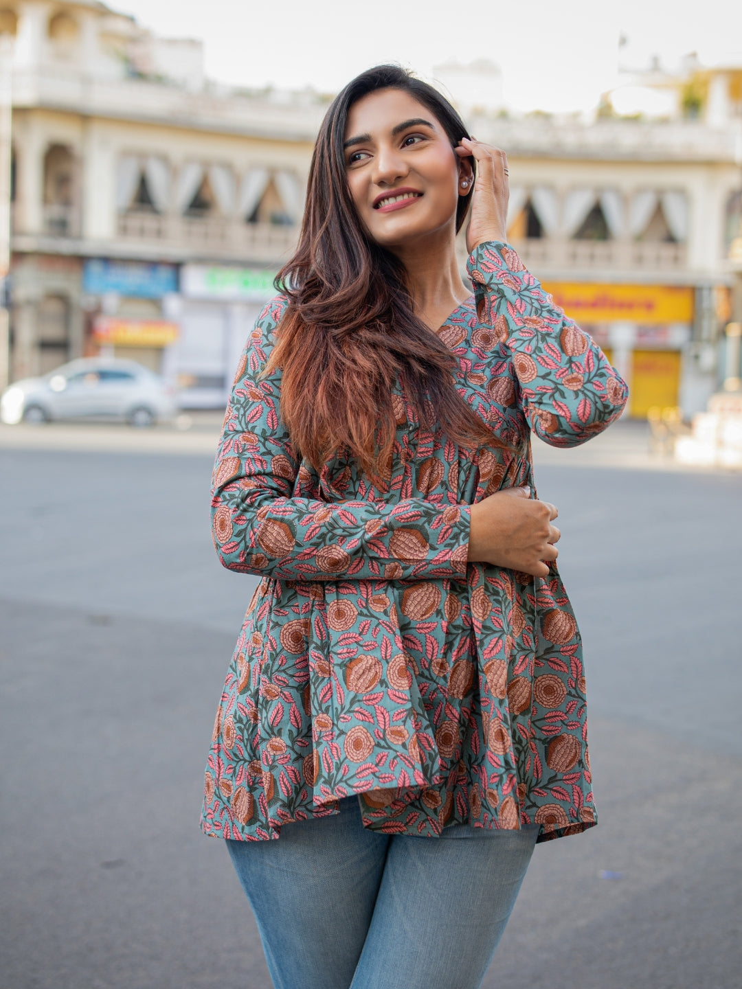 Greenish Grey Printed Full Sleeves Alia Cut Cotton Top
