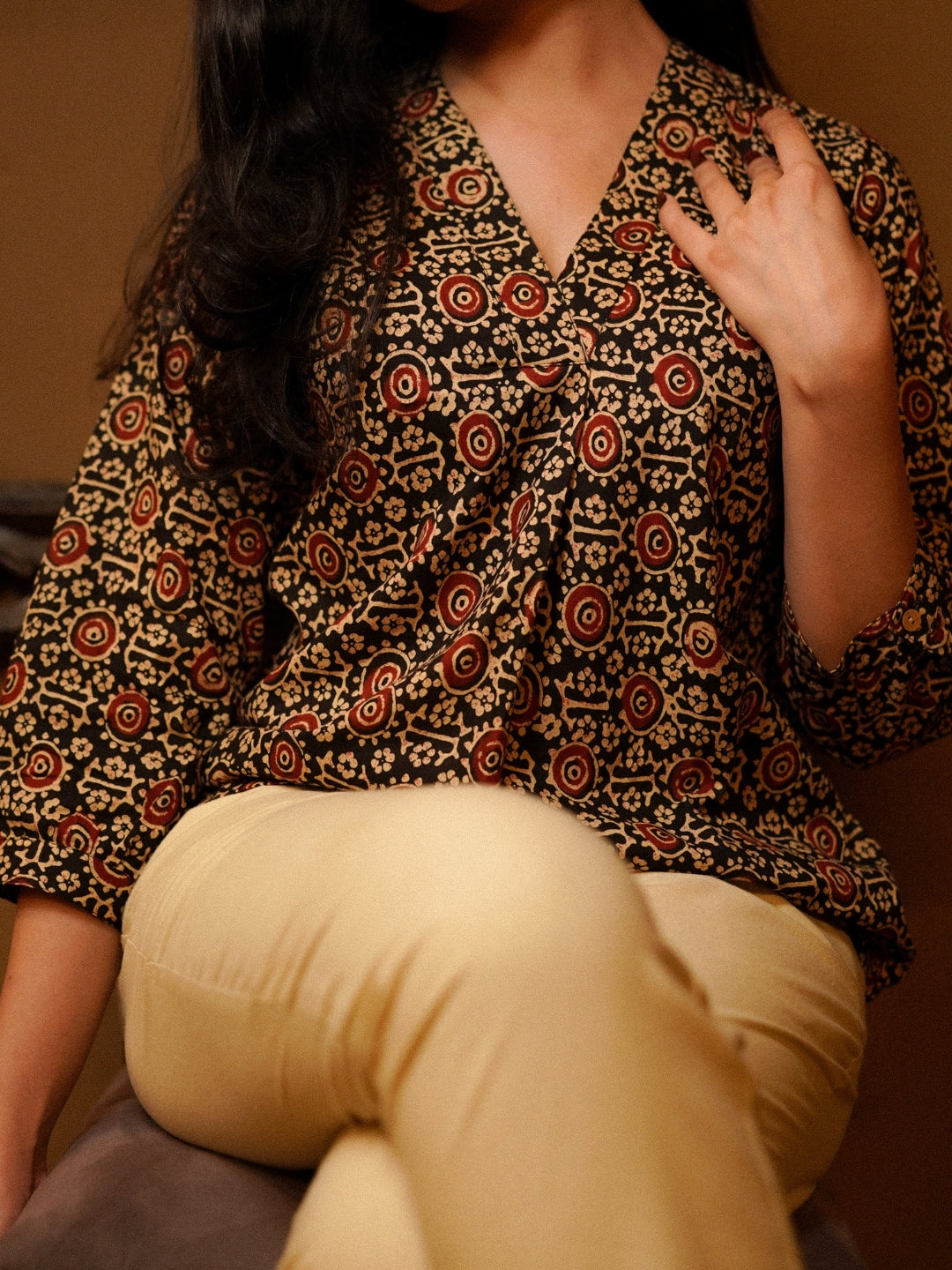 Black Printed V-Neck Cotton Top