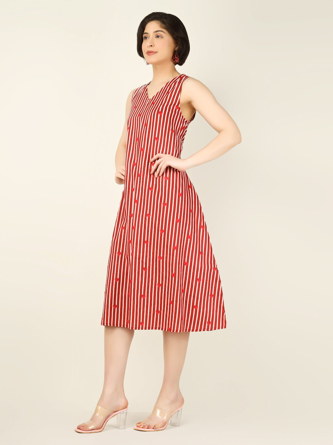 Red Striped Sleeveless V-Neck A-Line Cotton Dress