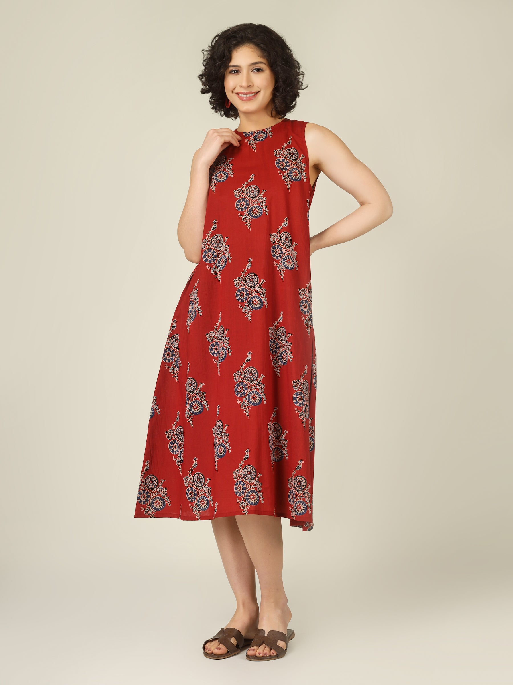 Red Printed Sleeveless A-Line Cotton Dress