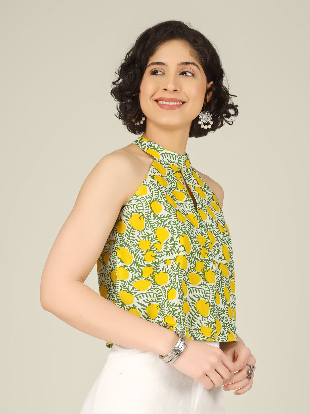 White Printed Halter Neck Sleeveless Cotton Top