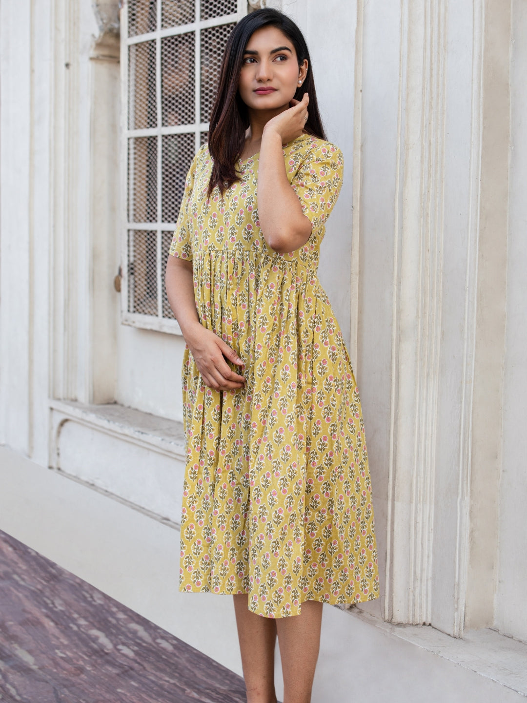 Yellow Printed Flared Cotton Dress