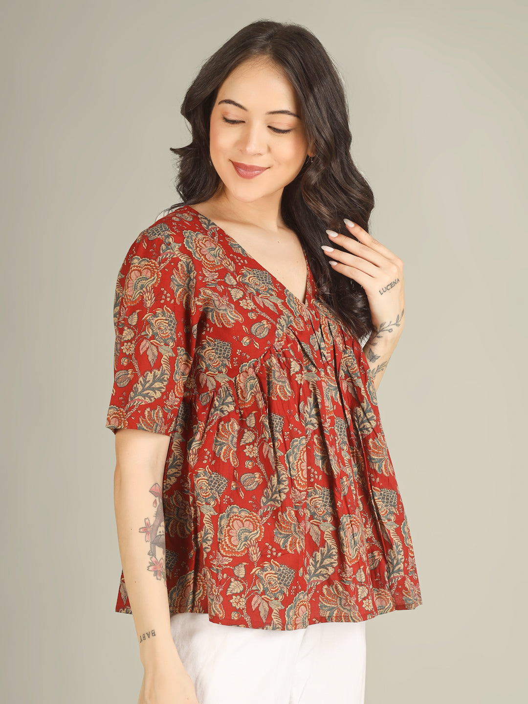 Maroon Printed Half-Sleeve Alia-Cut Cotton Top