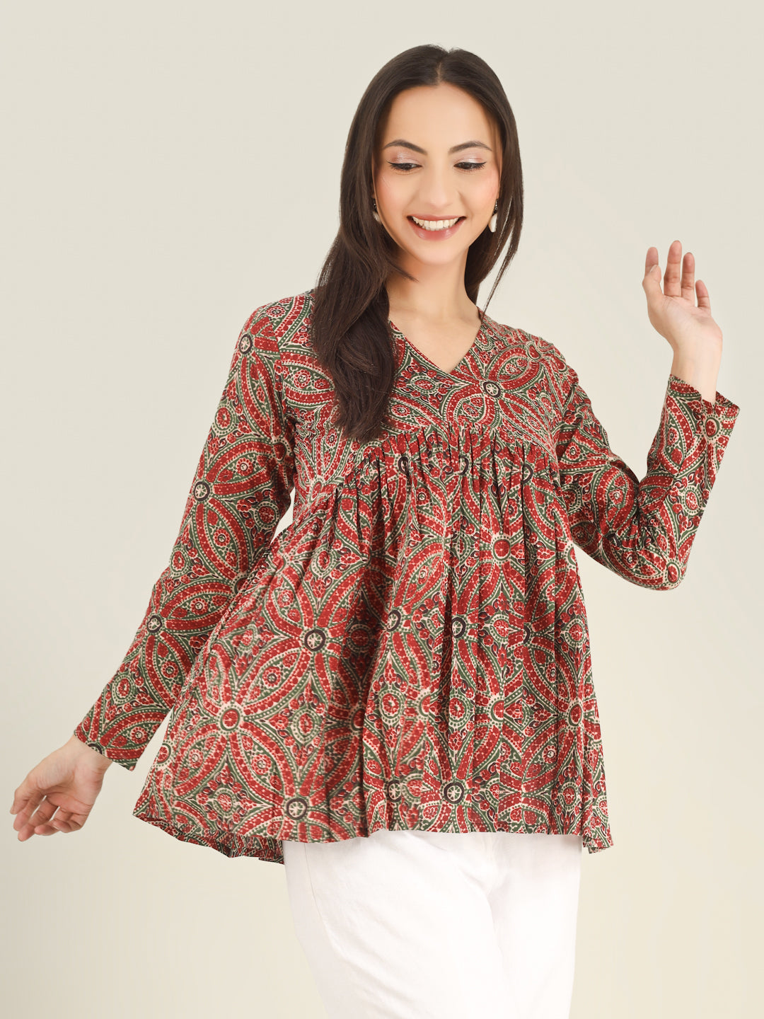 Maroon Printed Full-Sleeves Alia-Cut Cotton Top