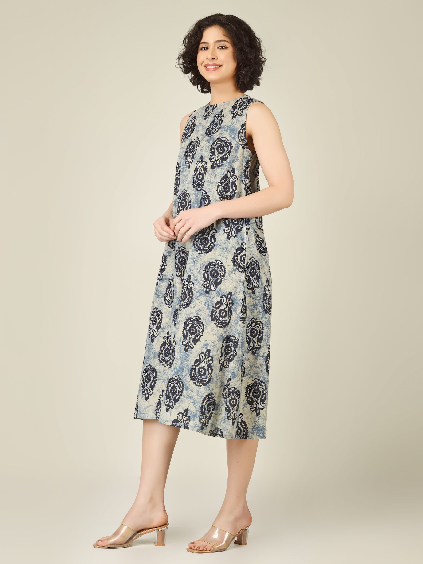 Off-Blue Printed Sleeveless A-Line Cotton Dress