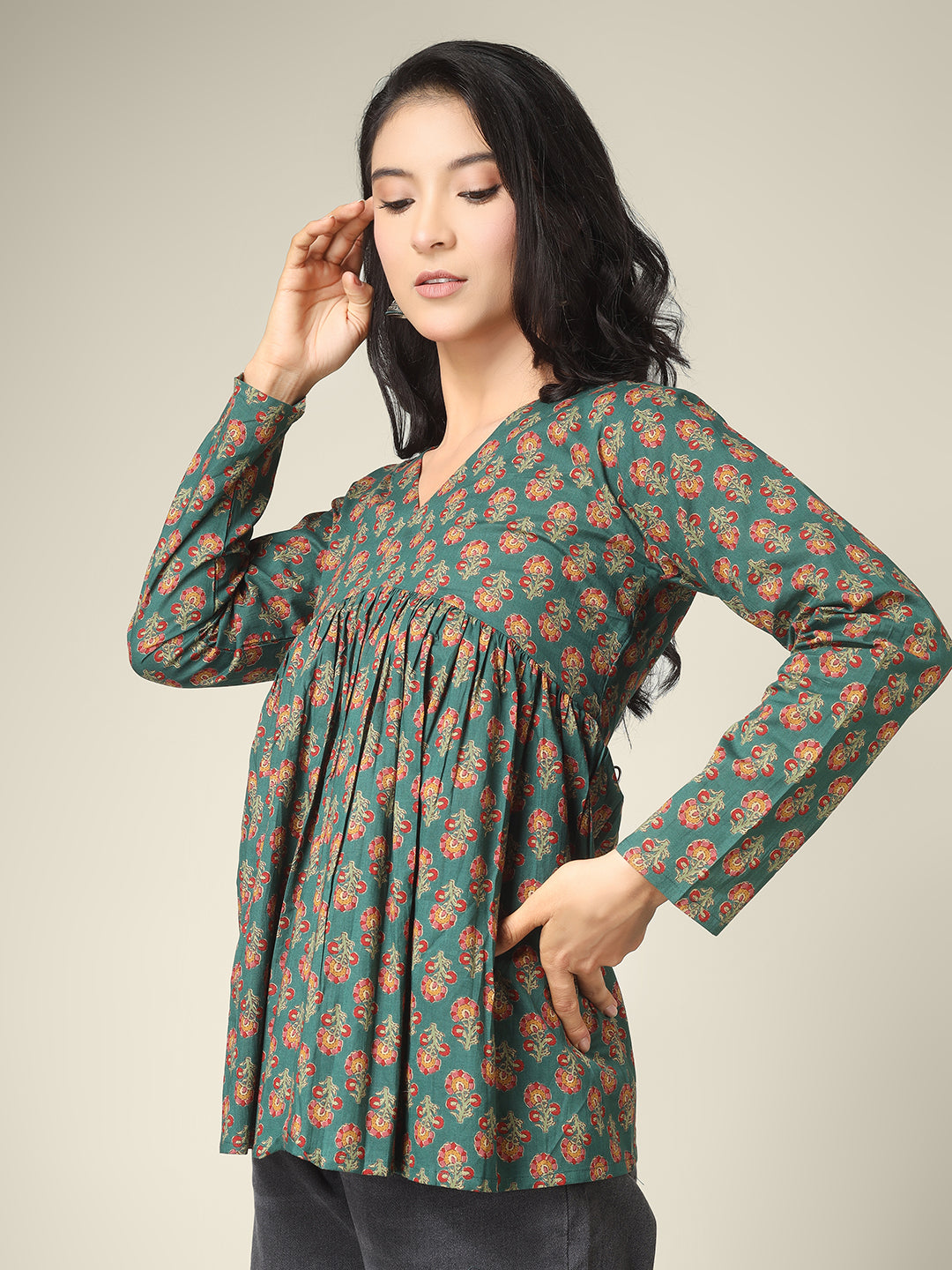 Green Printed Alia-Cut Cotton Peplum Top