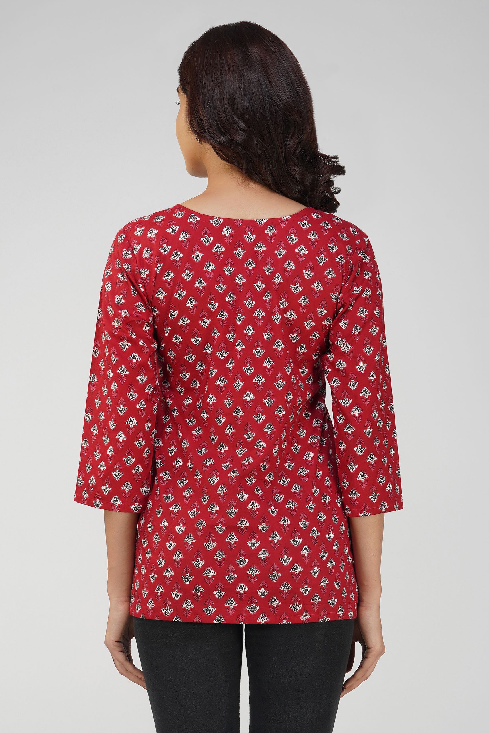 Red Printed V-Neck Cotton Top