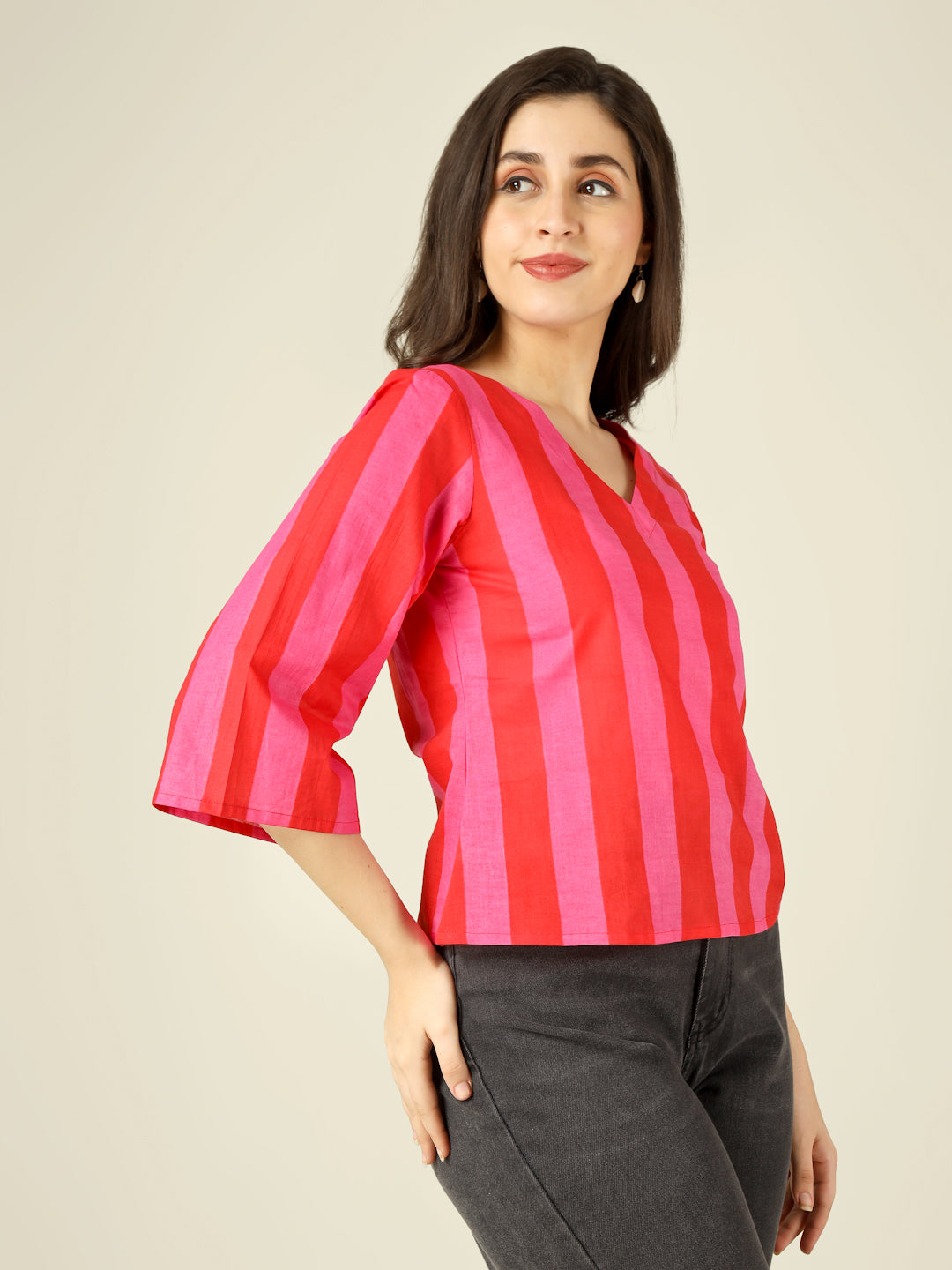 Pink and Red Striped Straight Bell-Sleeves Top