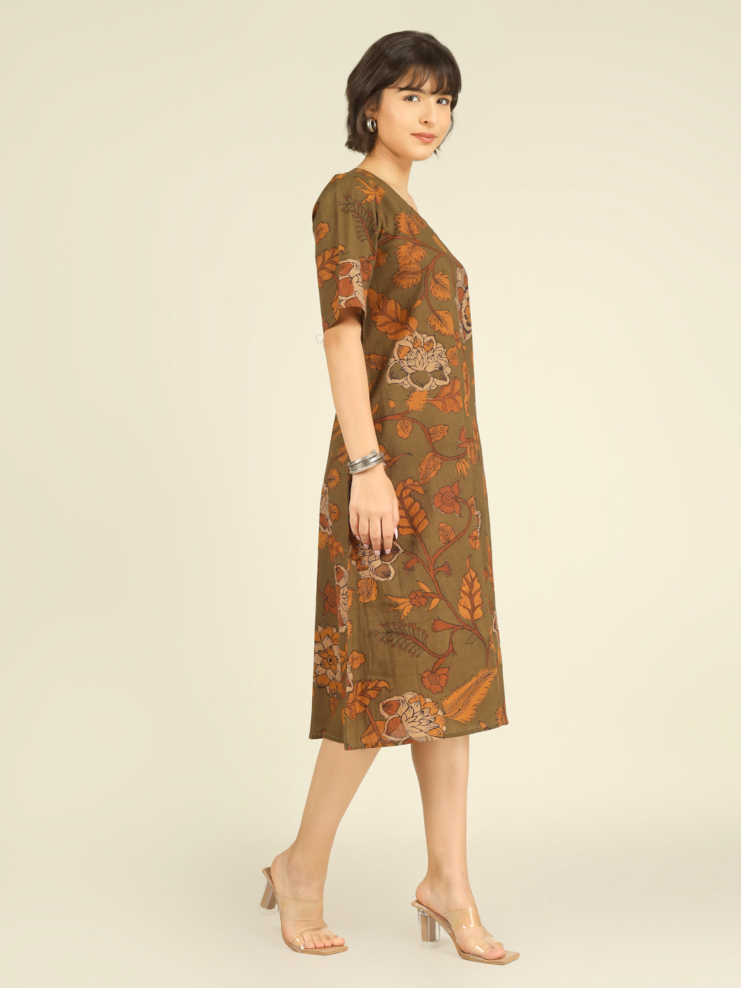 Olive Printed Half-Sleeve A-Line Cotton Dress