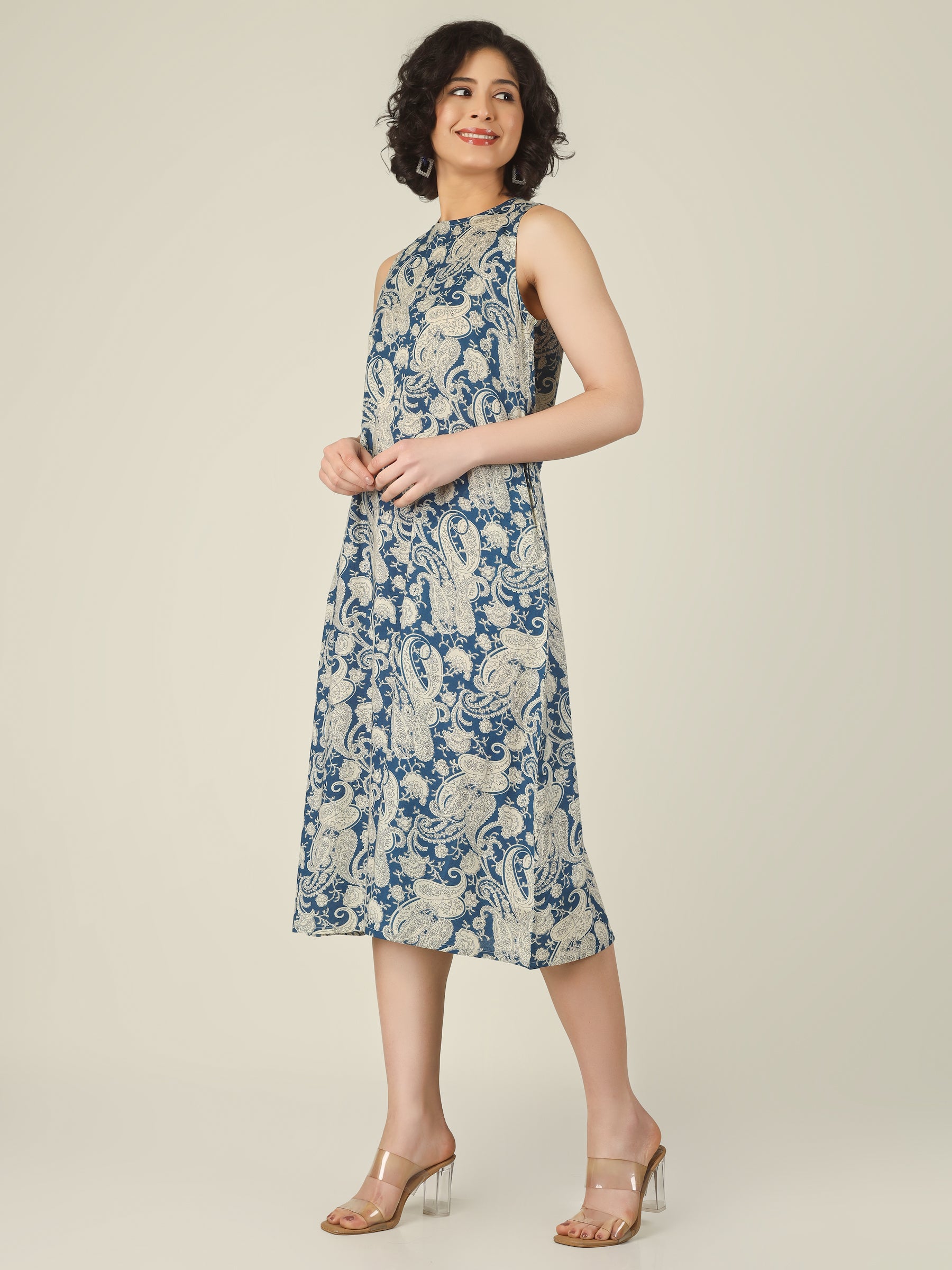 Blue Printed Sleeveless A-Line Cotton Dress
