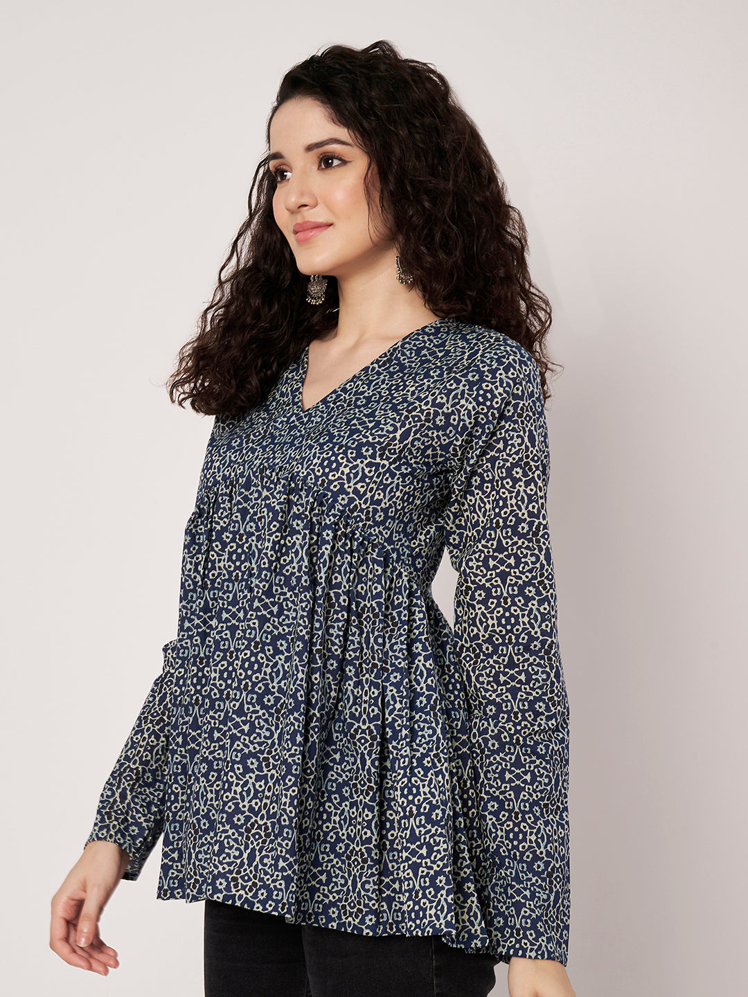Dark Blue Printed Alia-Cut Cotton Top