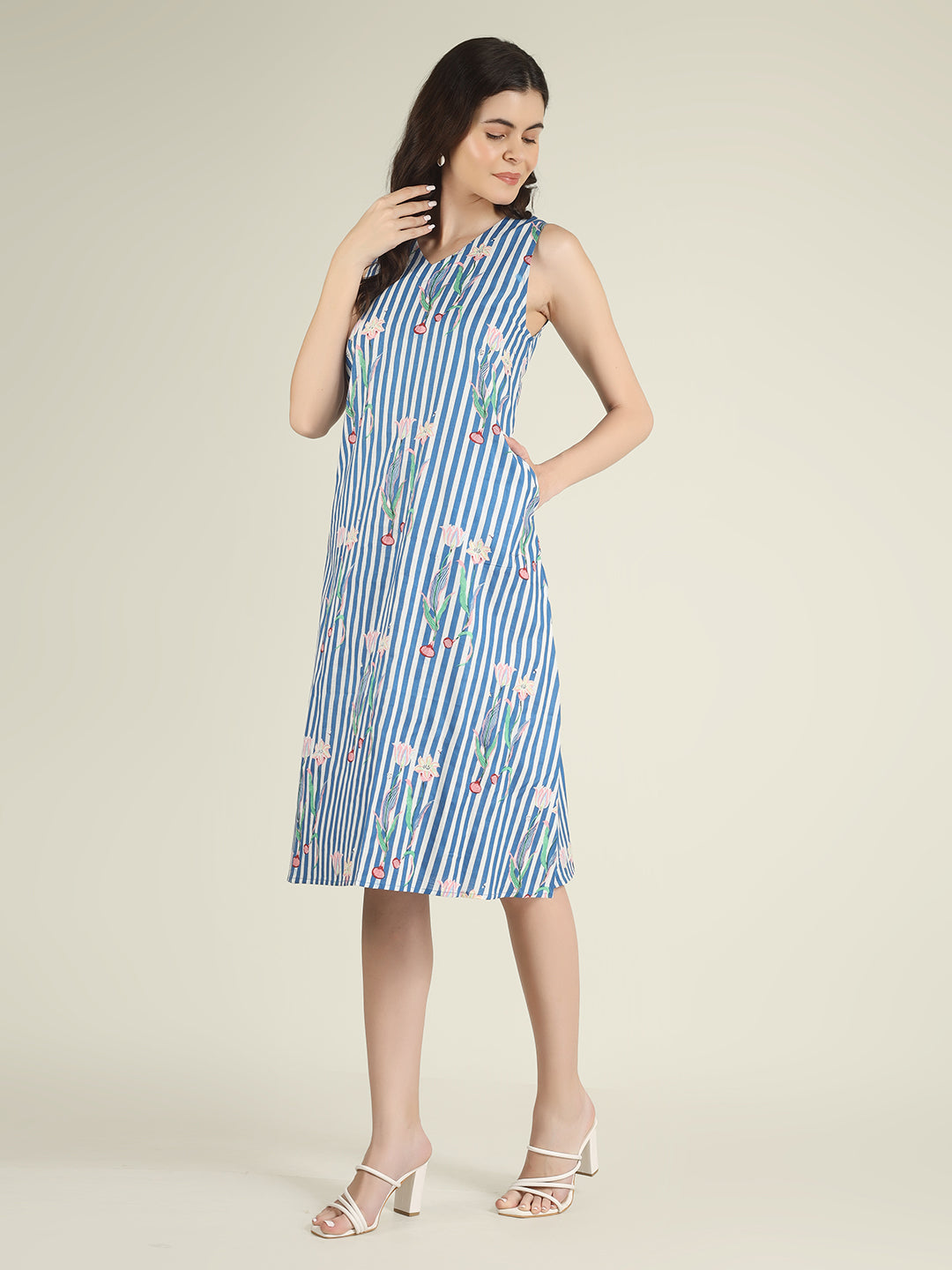 Sky Blue Striped Sleeveless V-Neck A-Line Cotton Dress