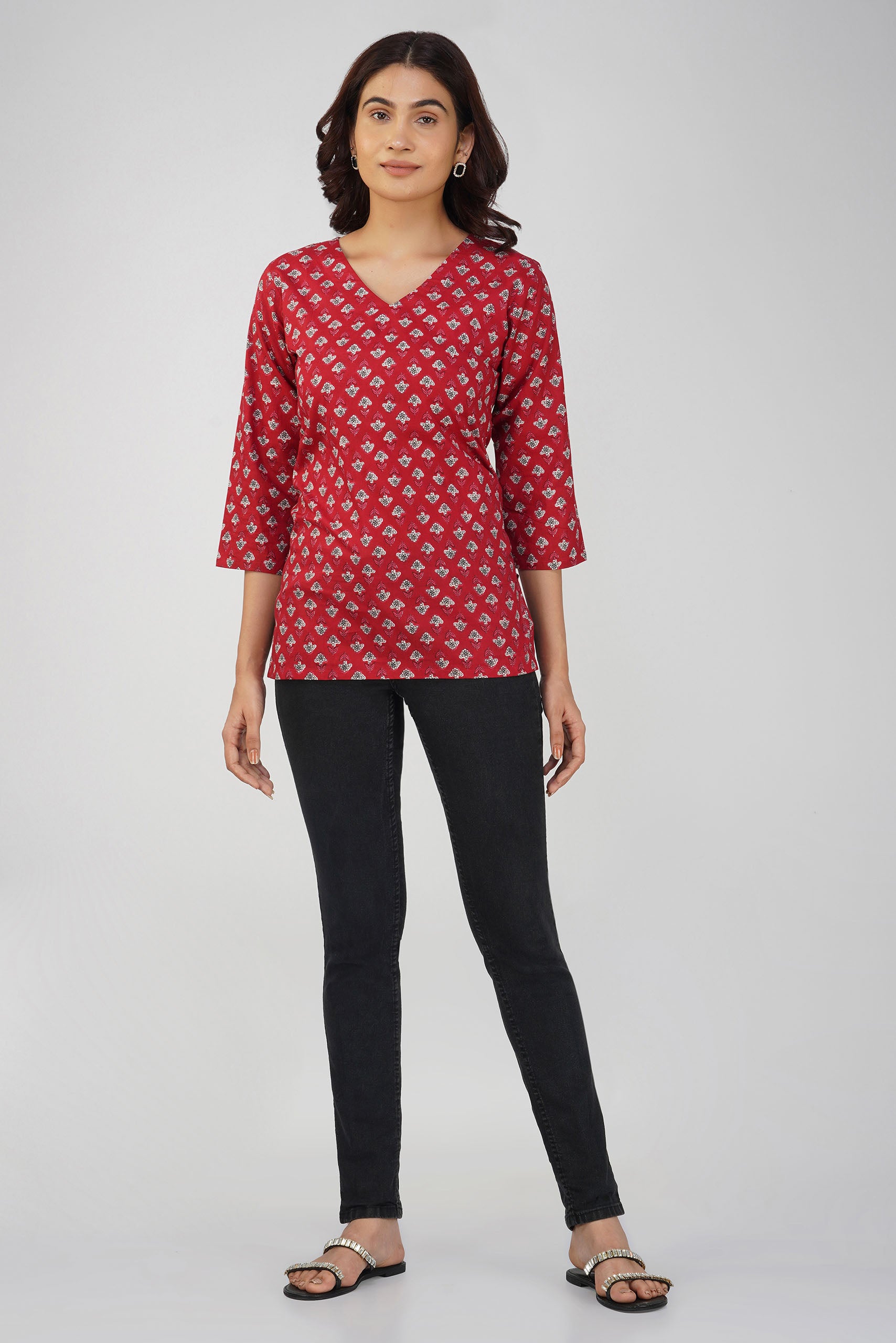 Red Printed V-Neck Cotton Top