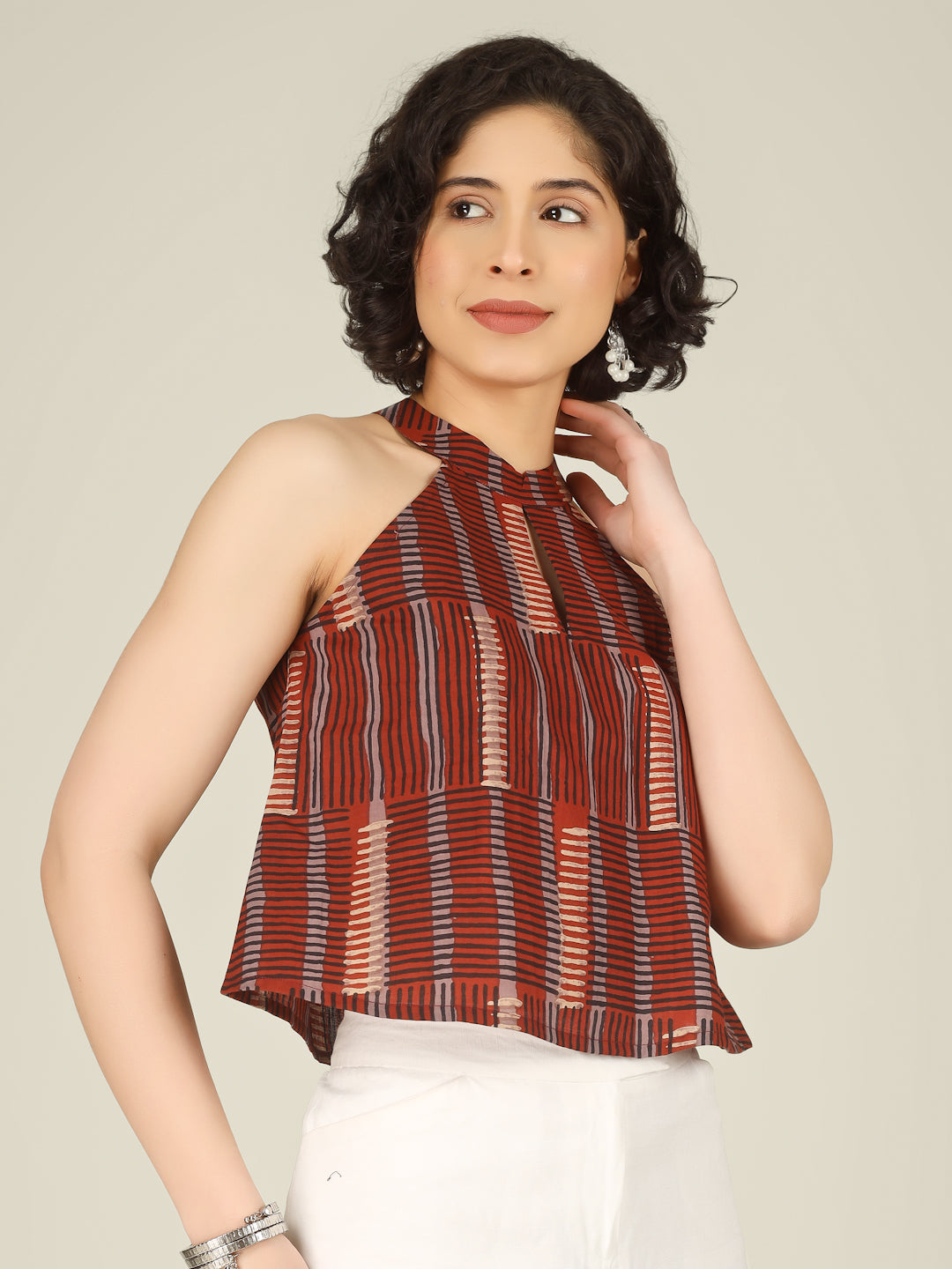 Rust Printed Halter Neck Sleeveless Cotton Top