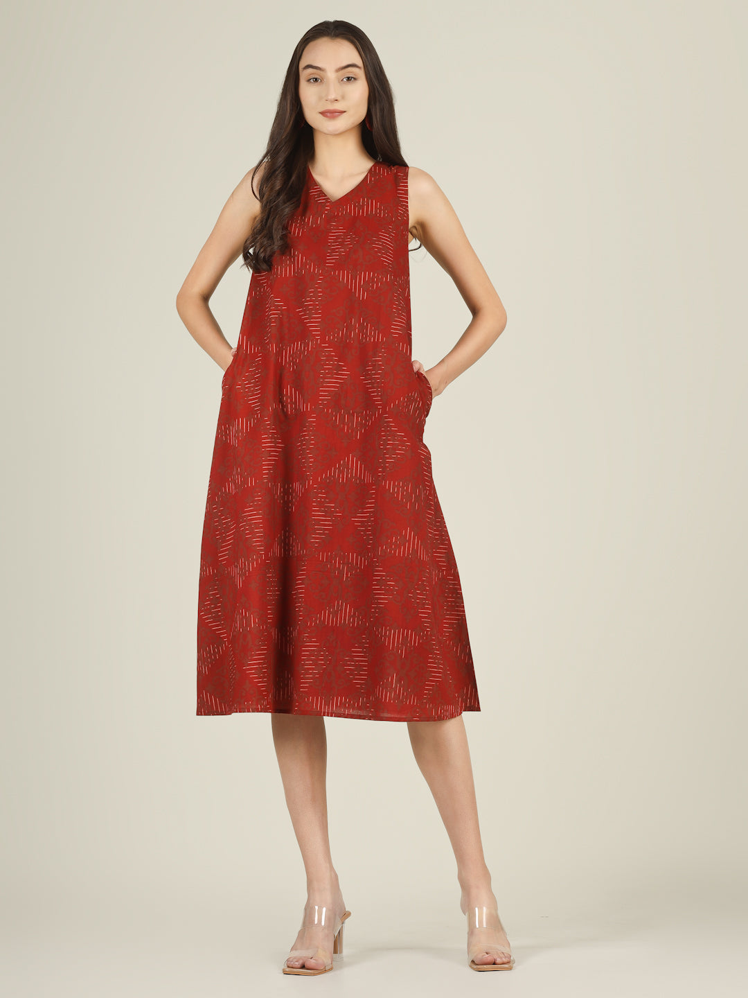 Red Printed V-Neck Sleeveless A-Line Cotton Dress