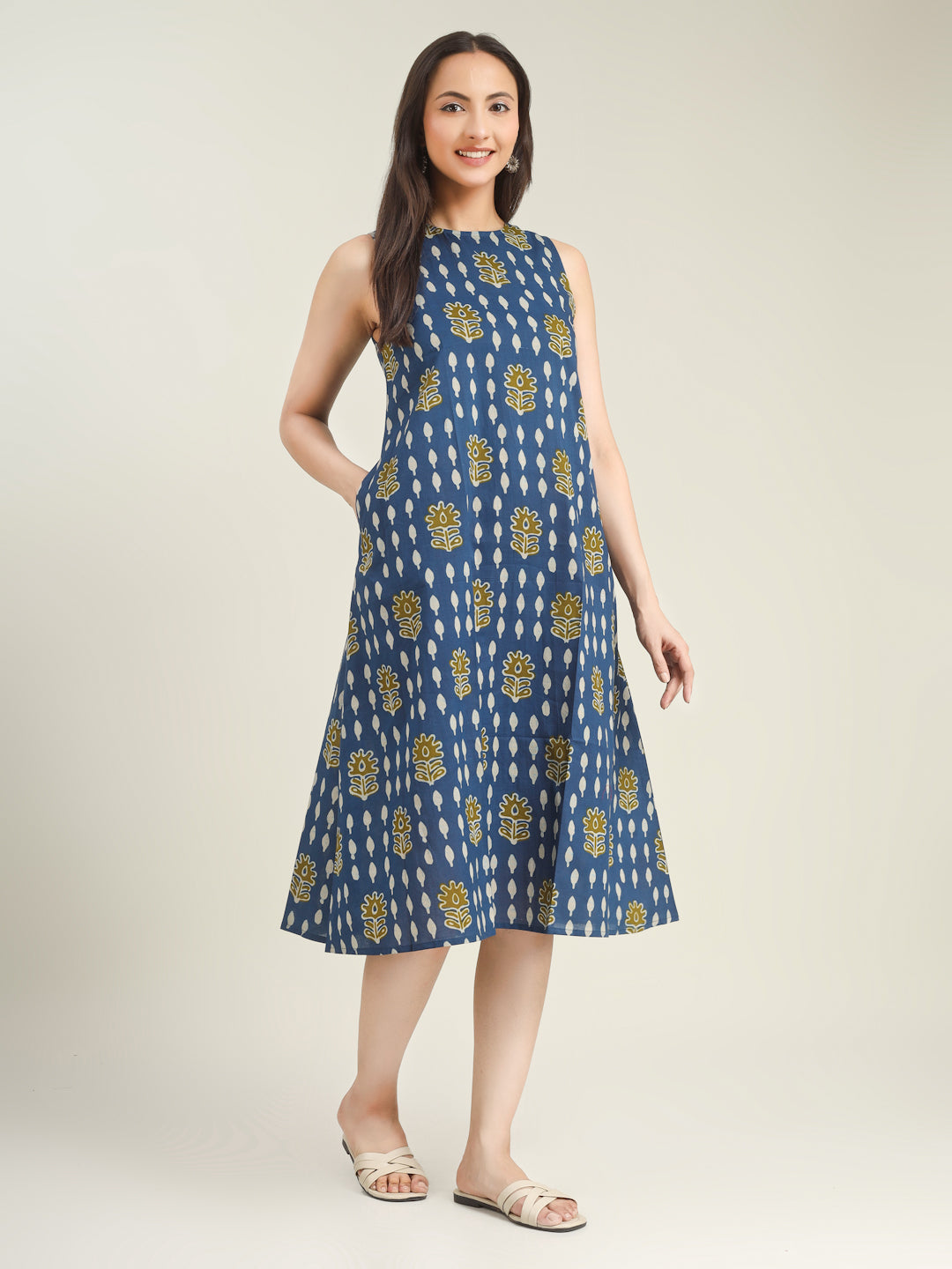 Blue Printed Sleeveless A-Line Cotton Dress