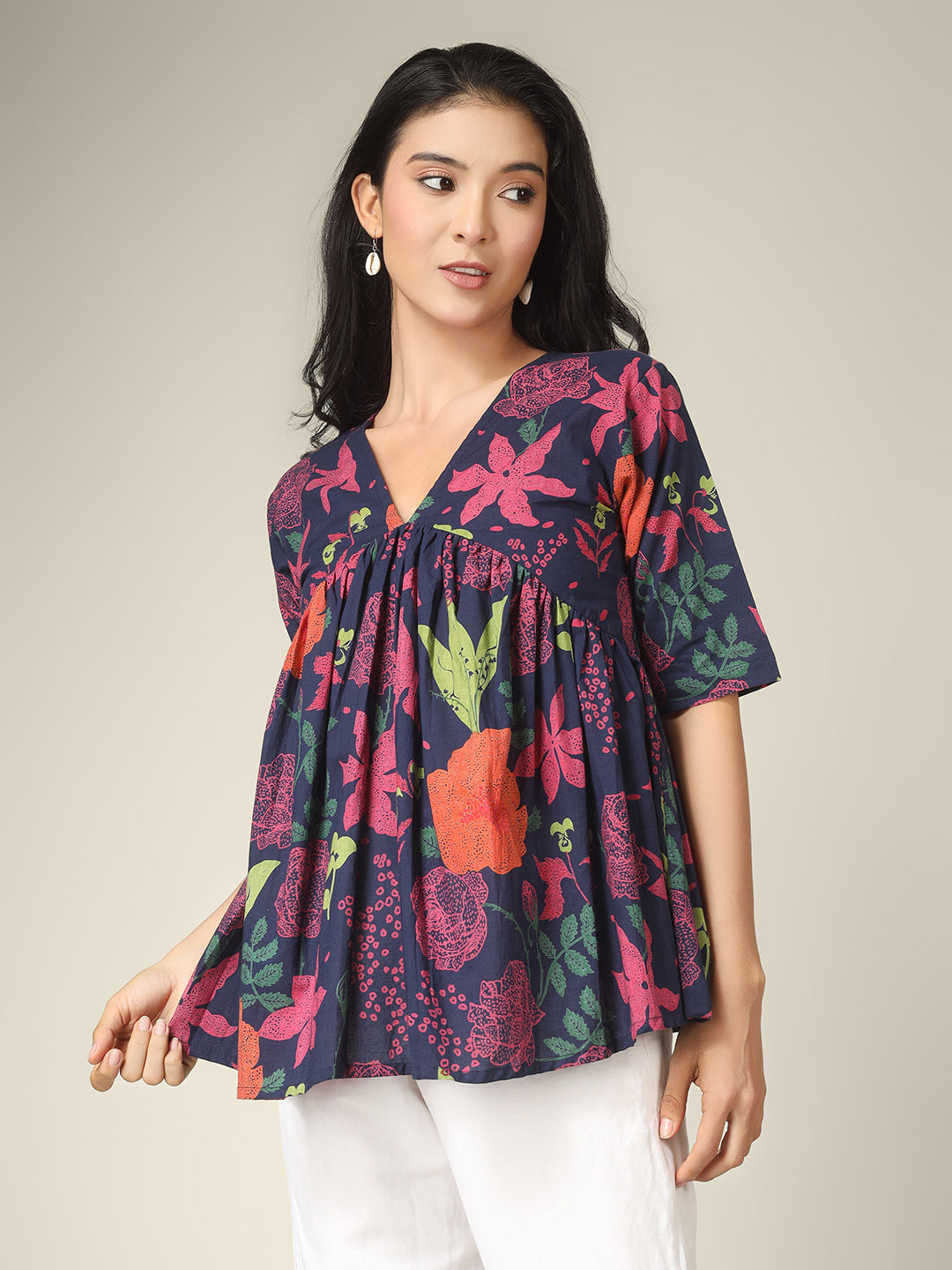 Navy Blue Printed Half-Sleeve Alia-Cut Cotton Peplum Top