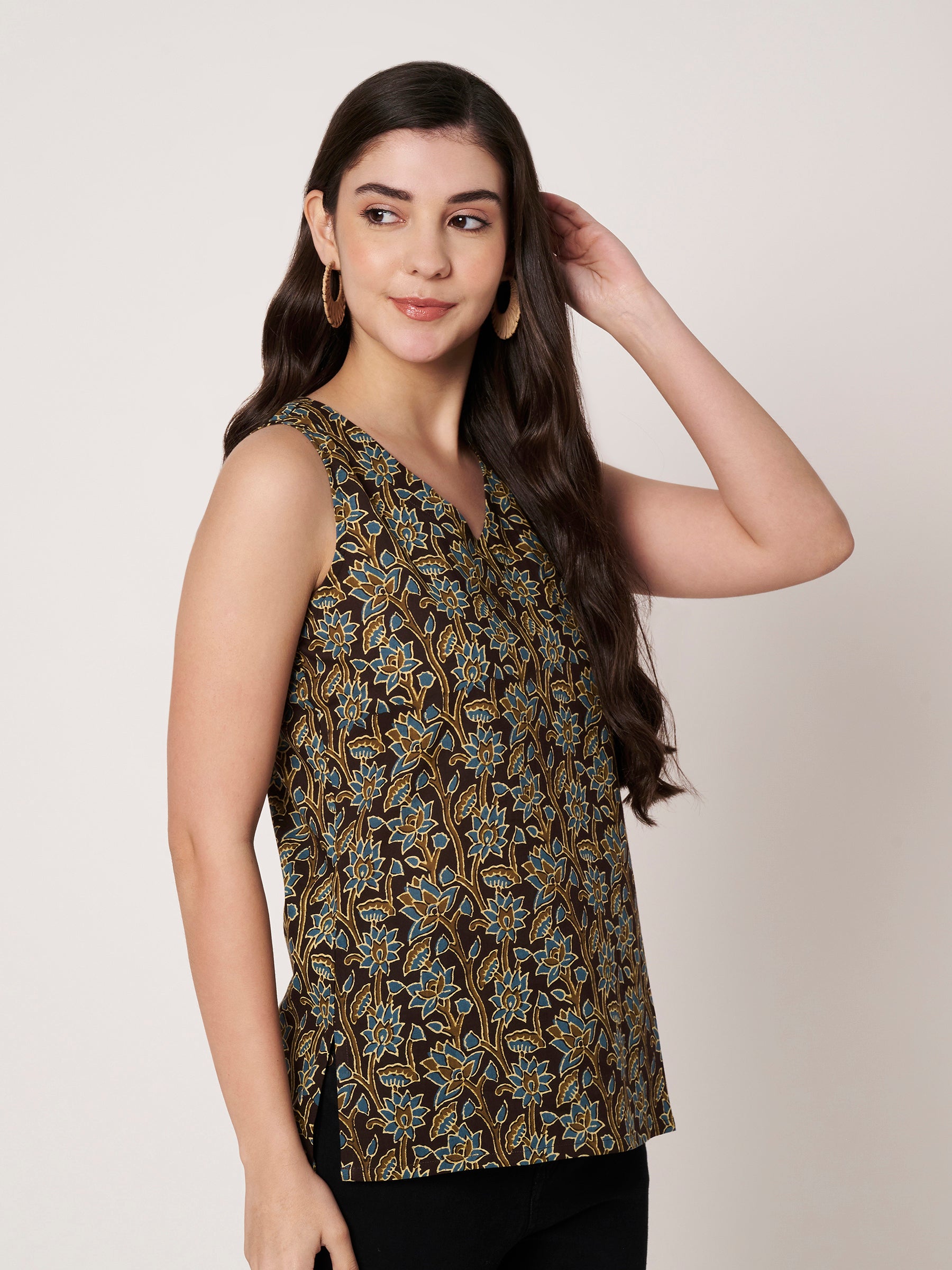 Brown Printed Sleeveless V-Neck Cotton Top