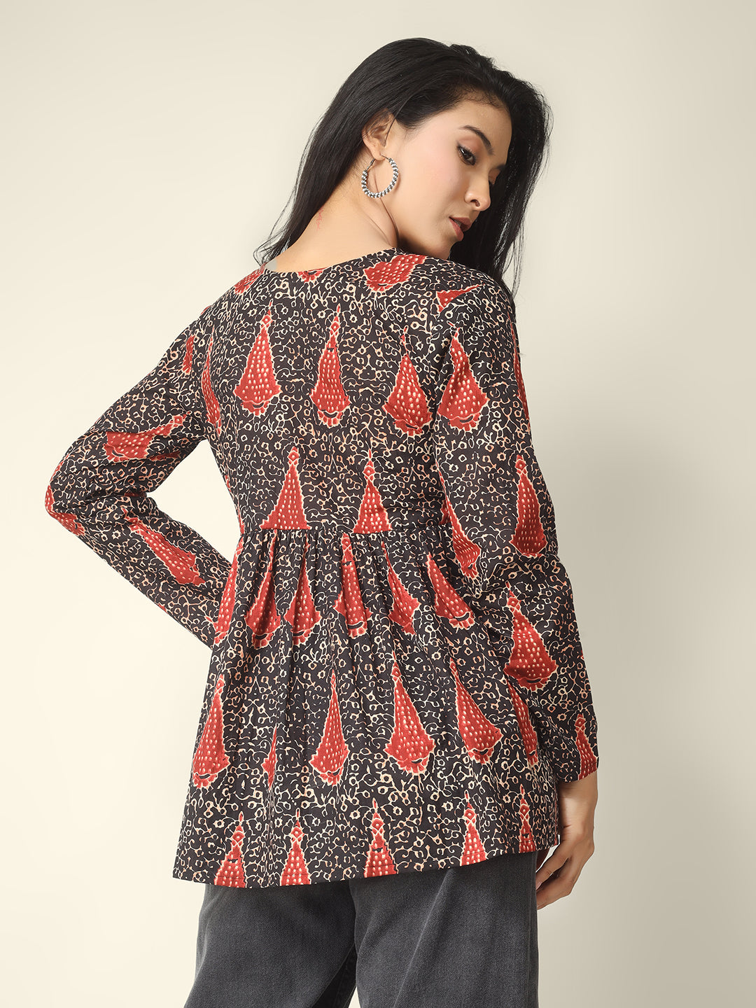 Black Printed Alia-Cut Cotton Peplum Top