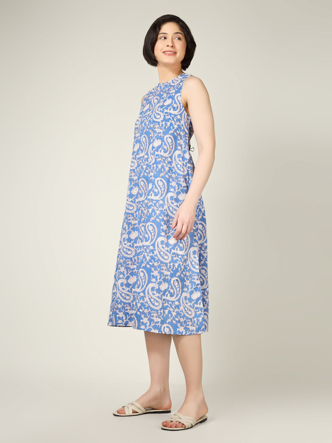 Lavender Printed Sleeveless A-Line Cotton Dress
