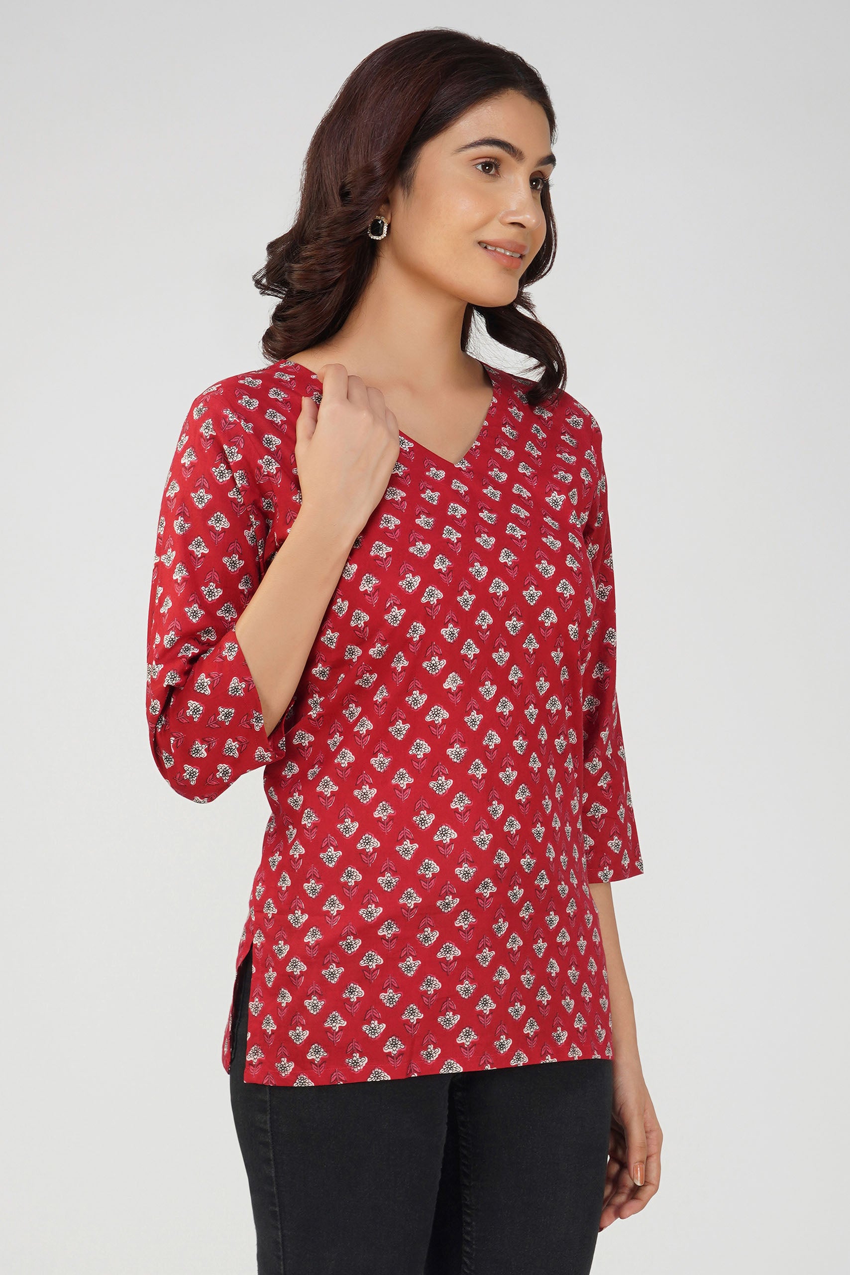 Red Printed V-Neck Cotton Top