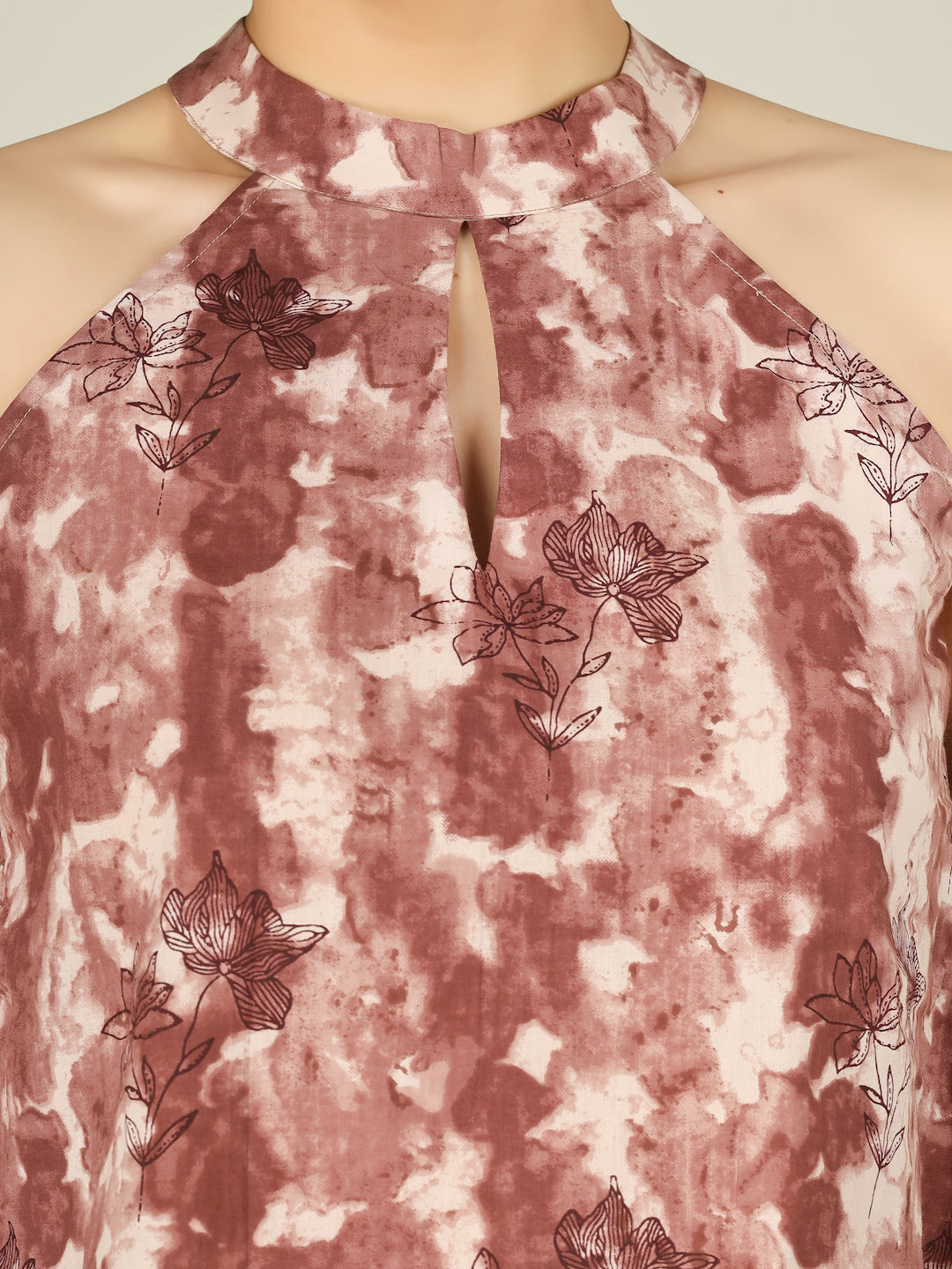 Brownish Red Printed Halter Neck Sleeveless Cotton Top