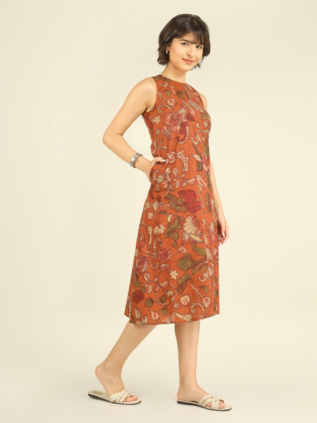 Orange Printed Sleeveless A-Line Cotton Dress
