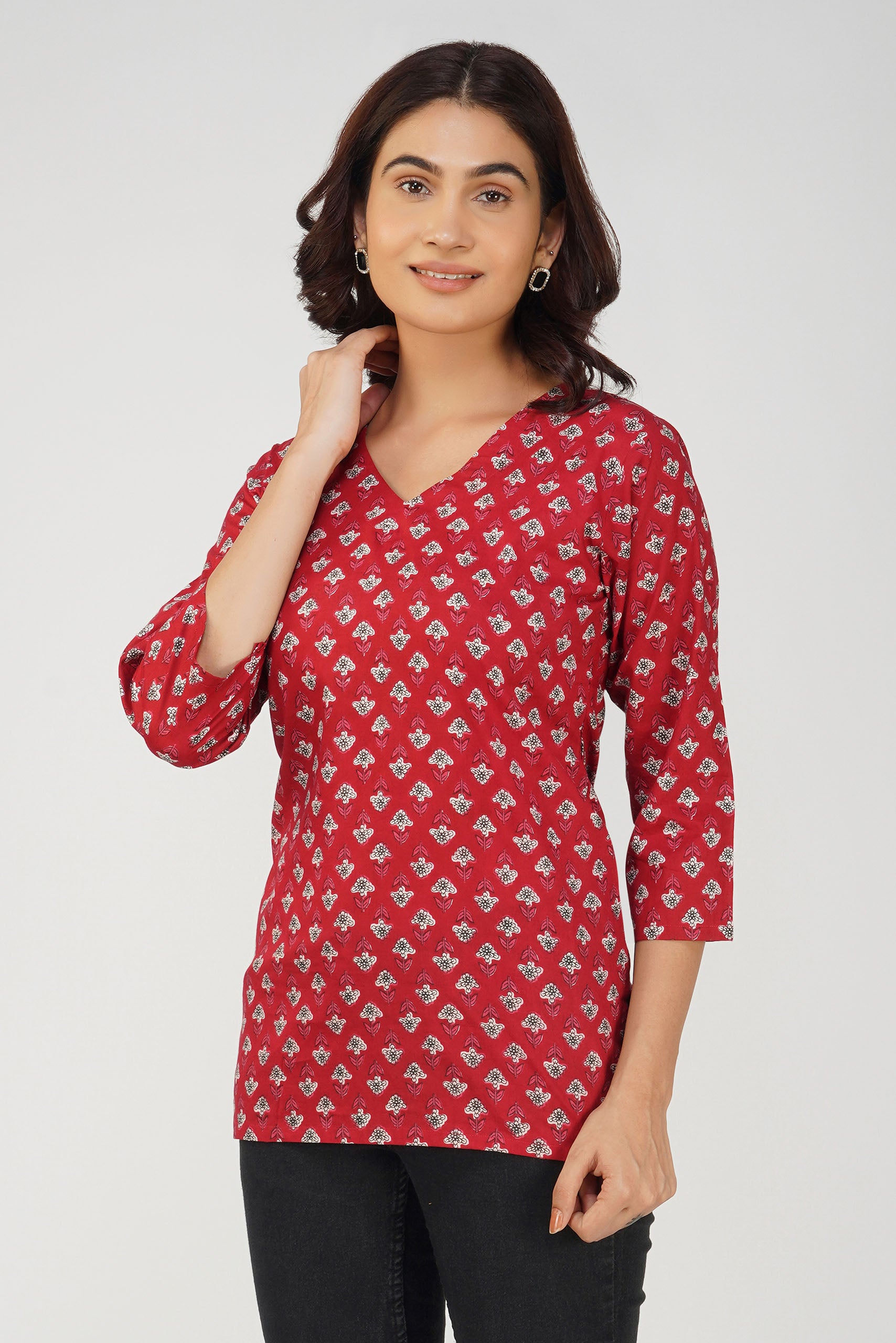 Red Printed V-Neck Cotton Top