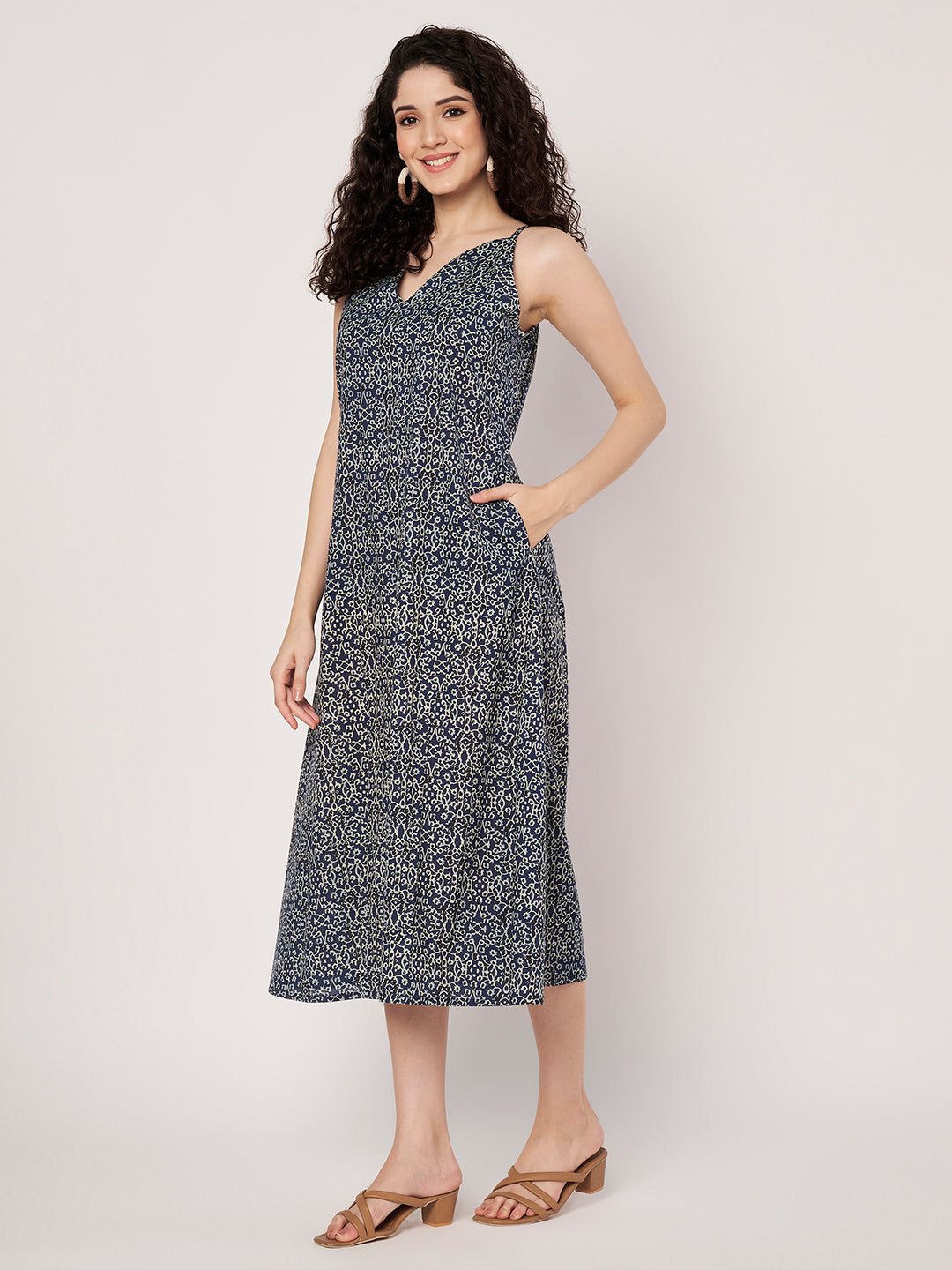 Blue Printed Sleeveless A-Line Cotton Dress