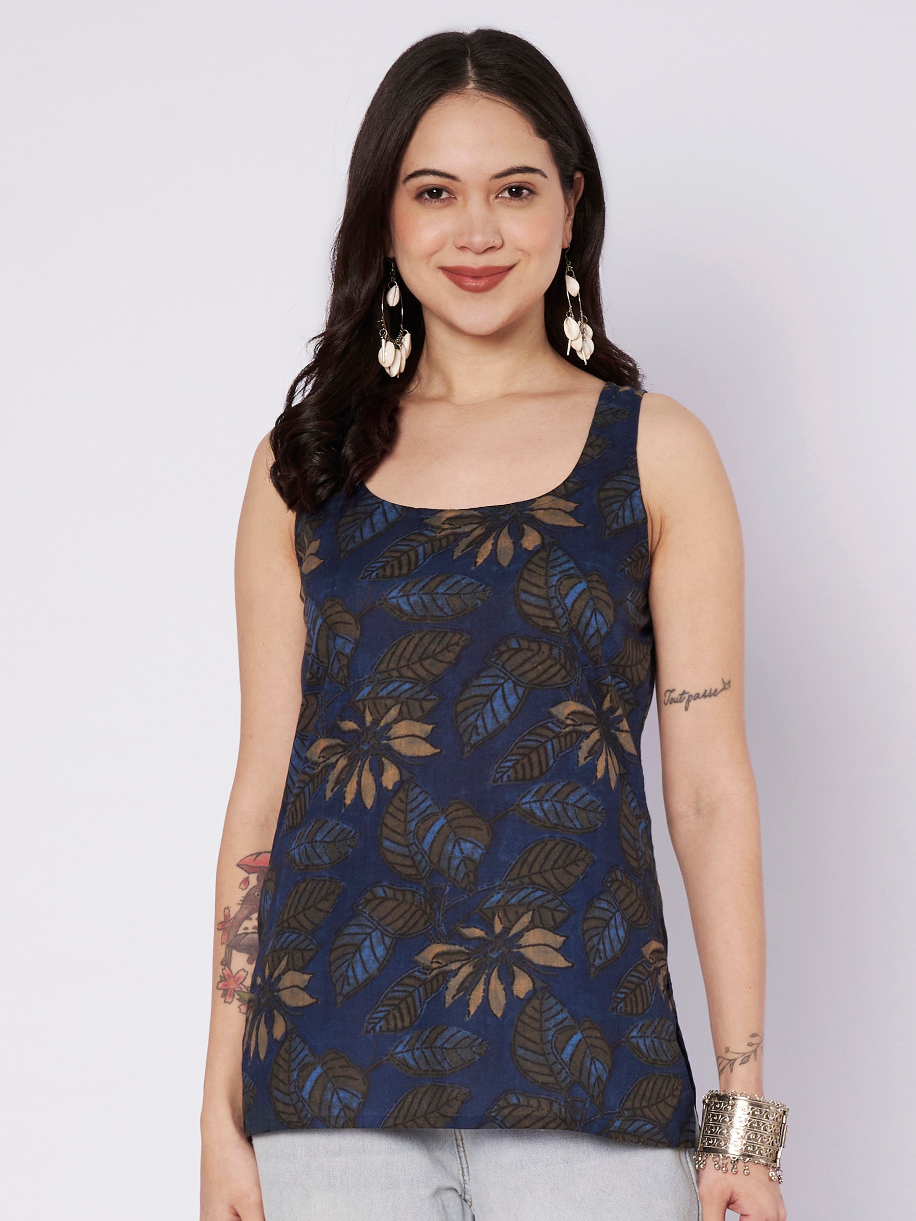 Dark Blue Printed Sleeveless Cotton Top