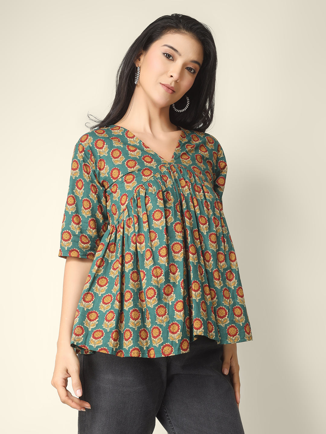 Green Printed Half-Sleeve Alia-Cut Cotton Peplum Top