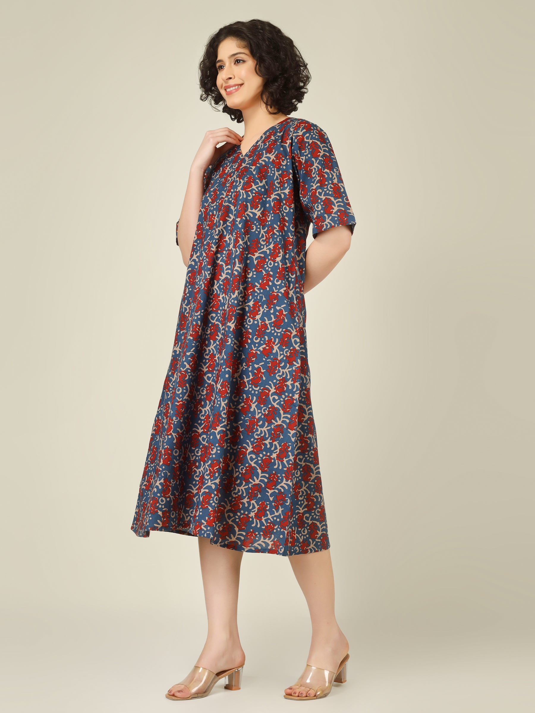 Blue Printed Half-Sleeve A-Line Cotton Dress