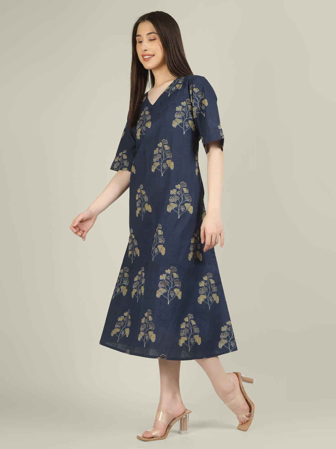 Blue Printed Half-Sleeve A-Line Cotton Dress