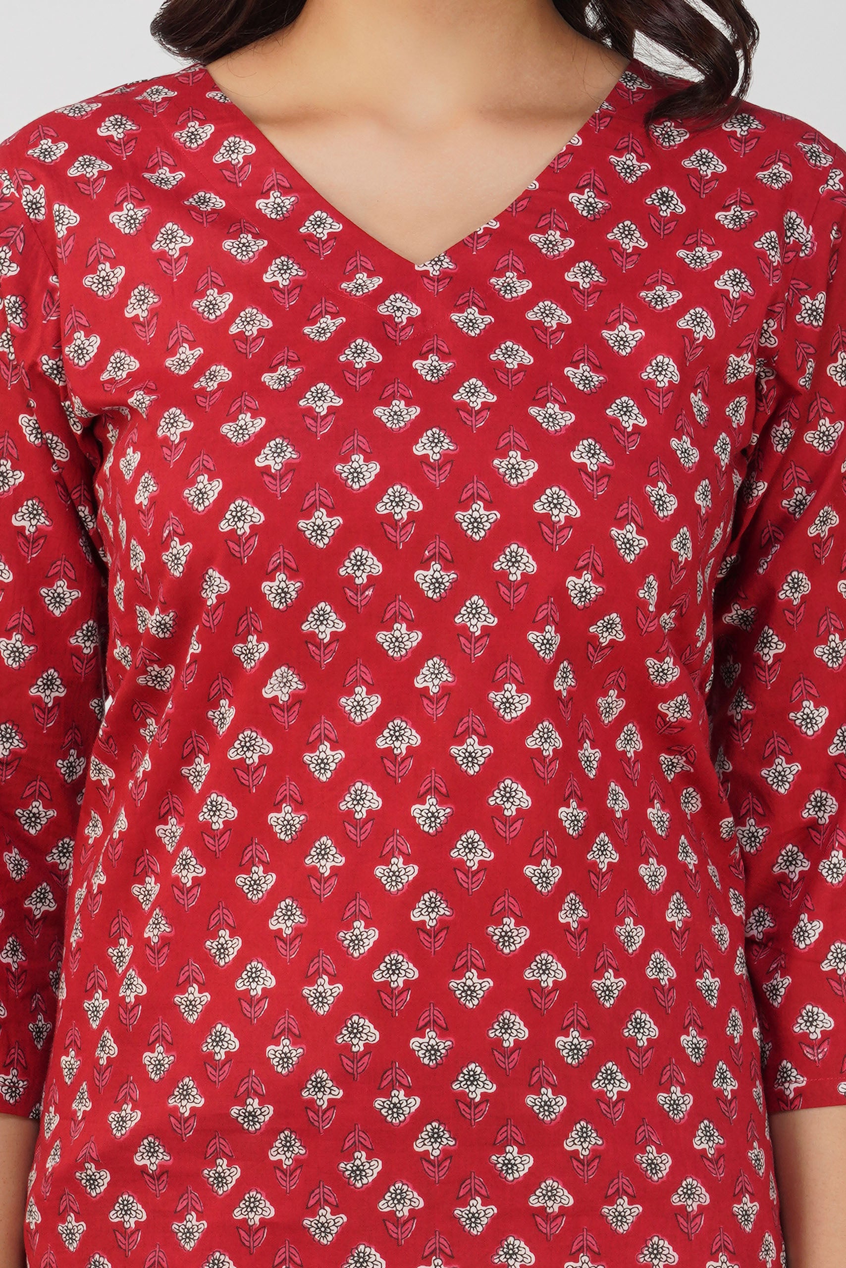 Red Printed V-Neck Cotton Top