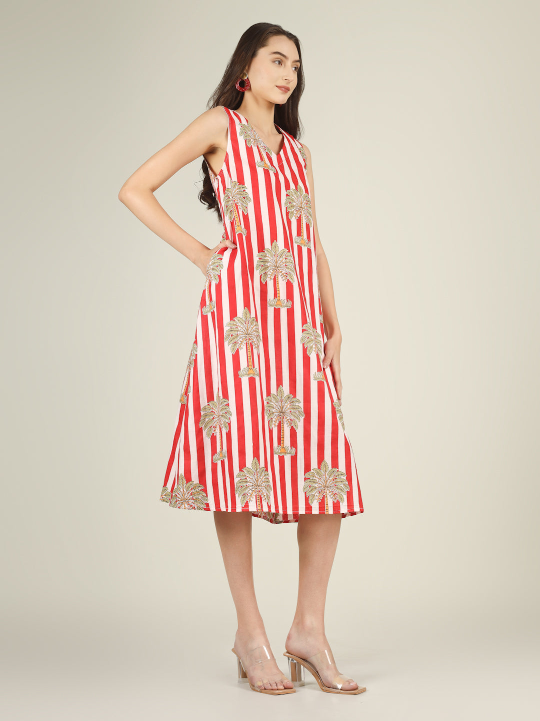 Red Striped V-Neck Sleeveless A-Line Cotton Dress