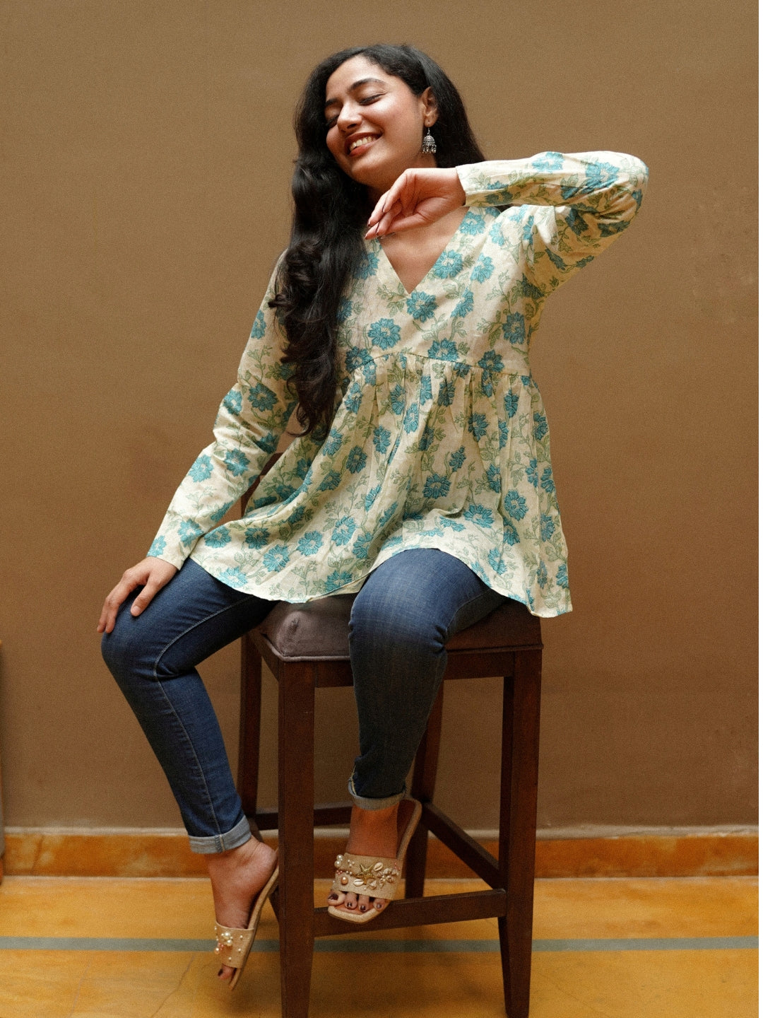 White Printed Full Sleeves Alia Cut Cotton Top