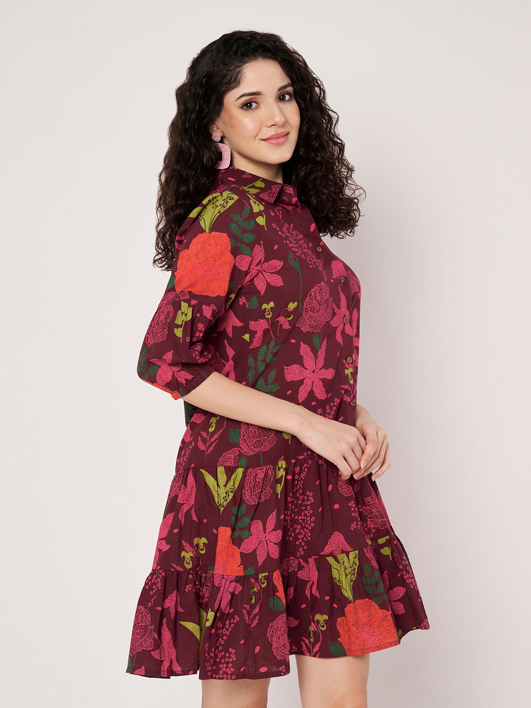 Maroon Printed Short Cotton Dress