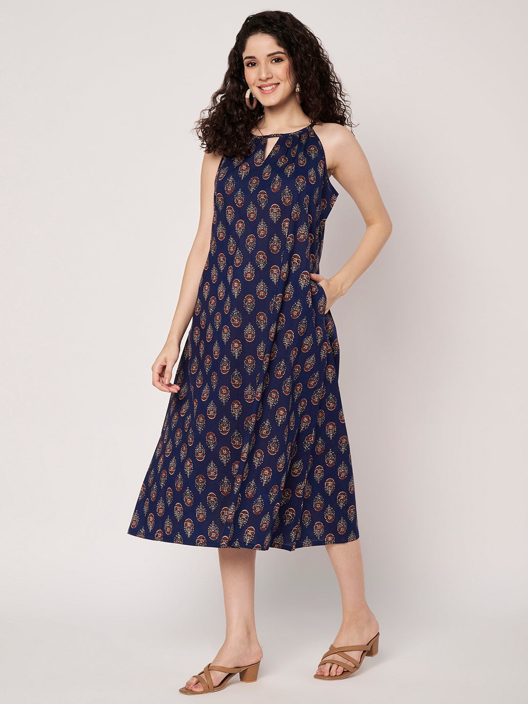 Navy Blue Printed Sleeveless A-Line Cotton Dress