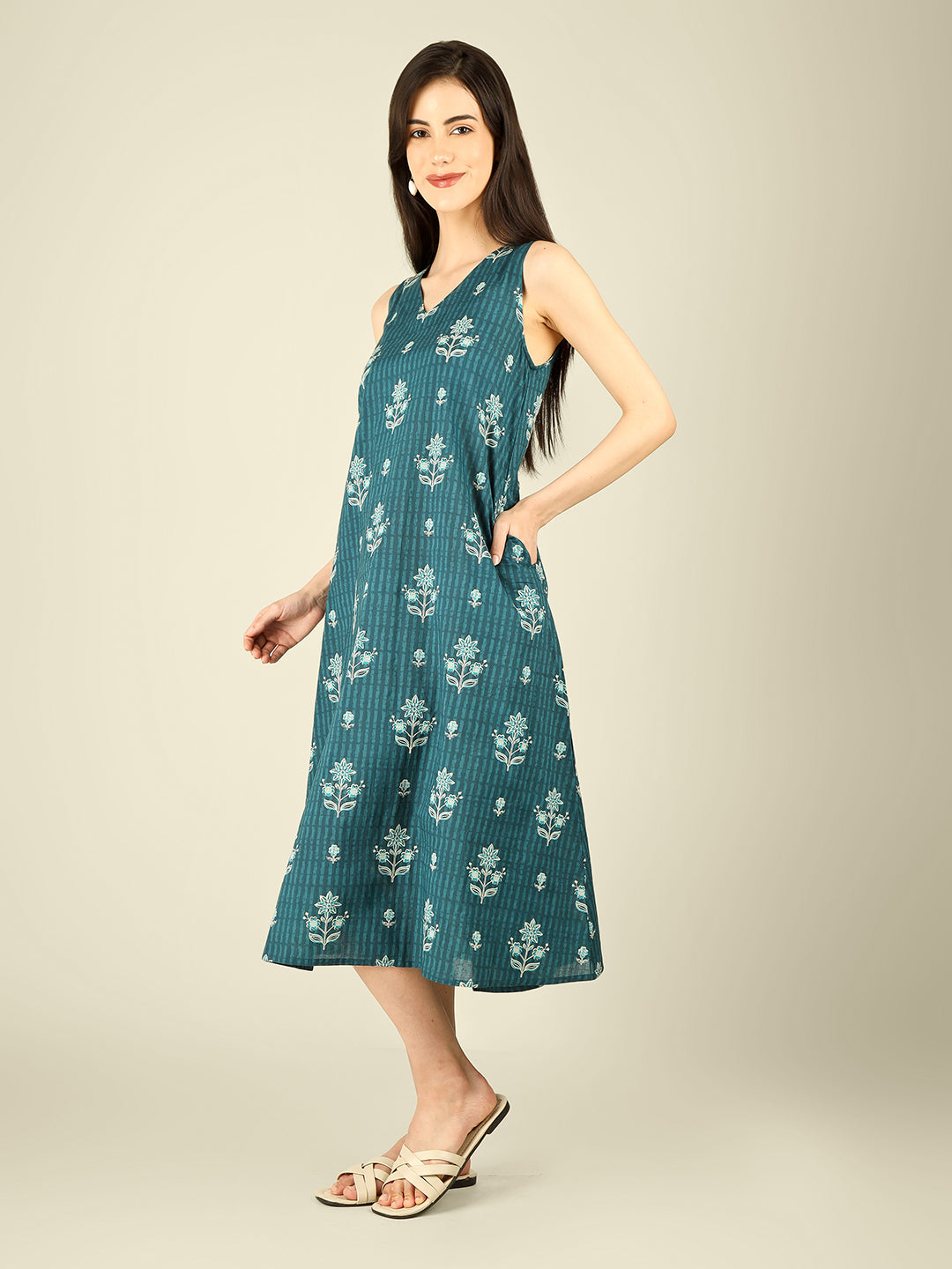 Teal Blue Printed V-Neck Sleeveless A-Line Cotton Dress