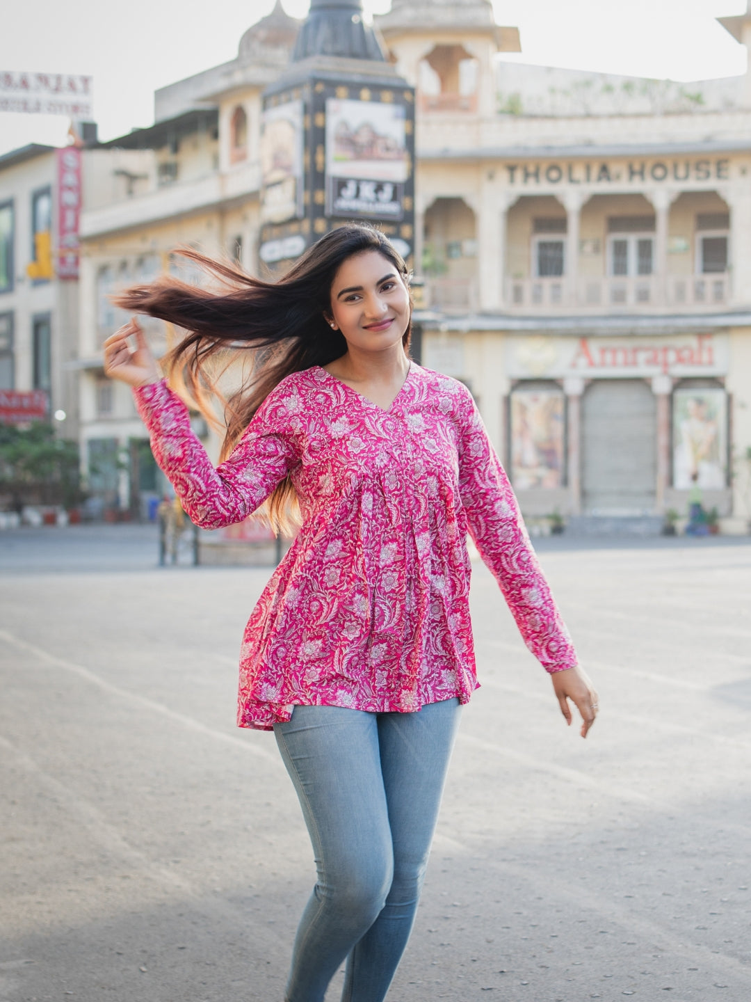 Pink Printed Full Sleeves Alia Cut Cotton Top