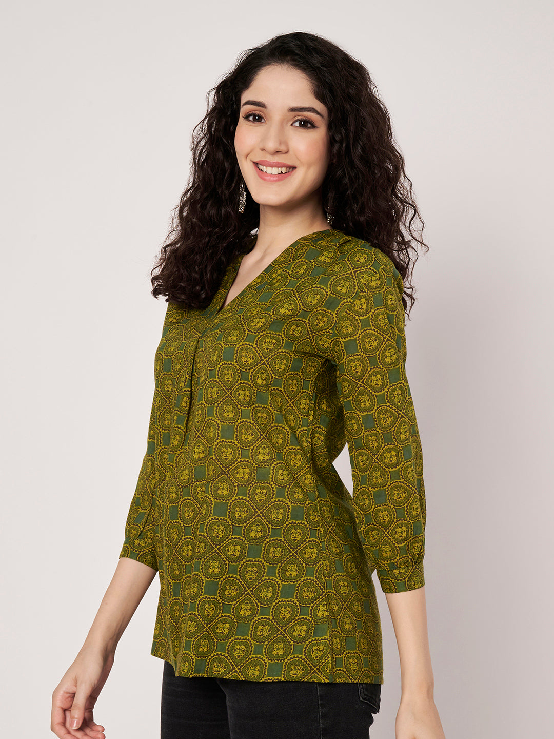Green Printed V-Neck Cotton Top