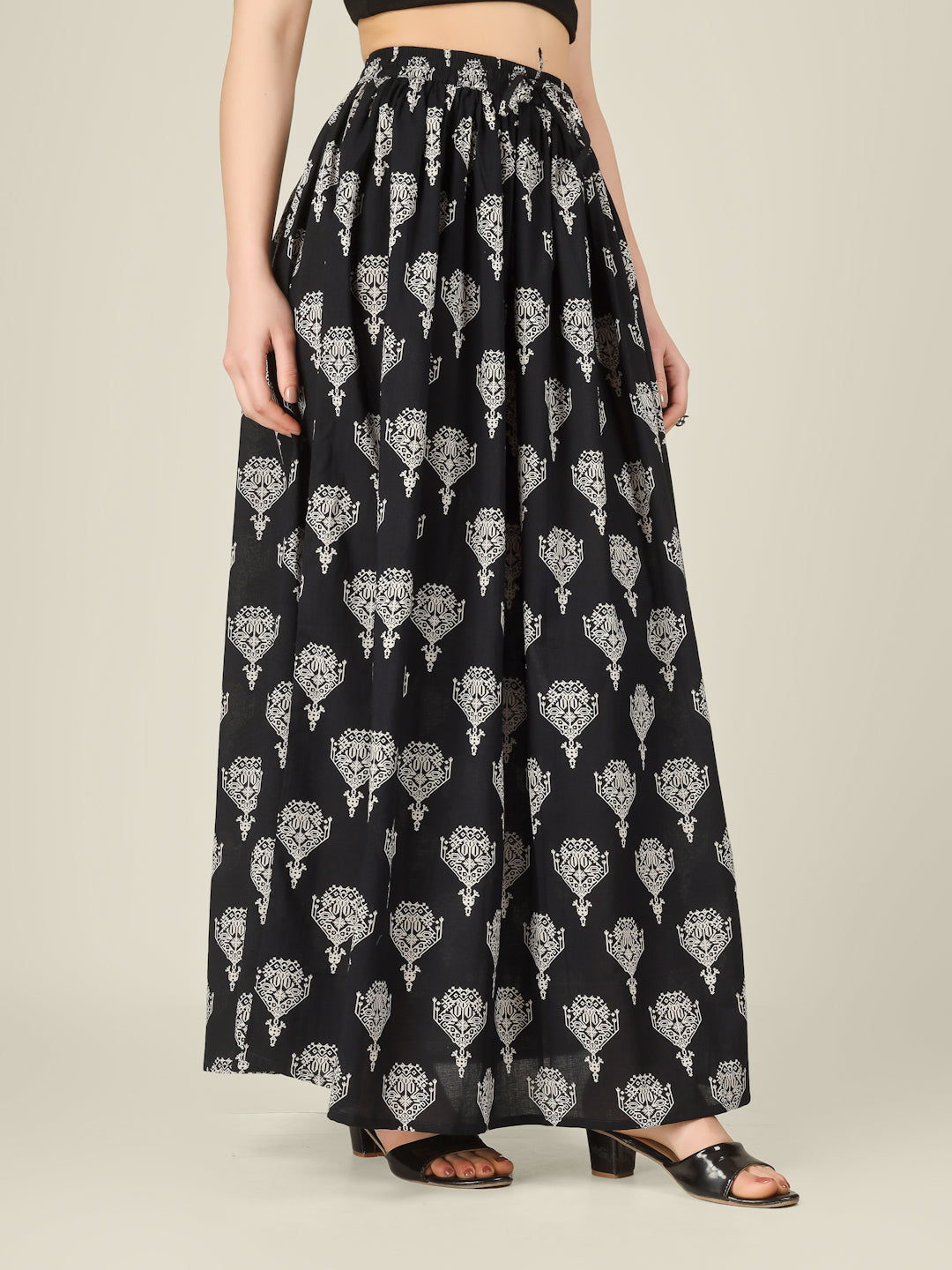 Black Printed Cotton Maxi Skirt