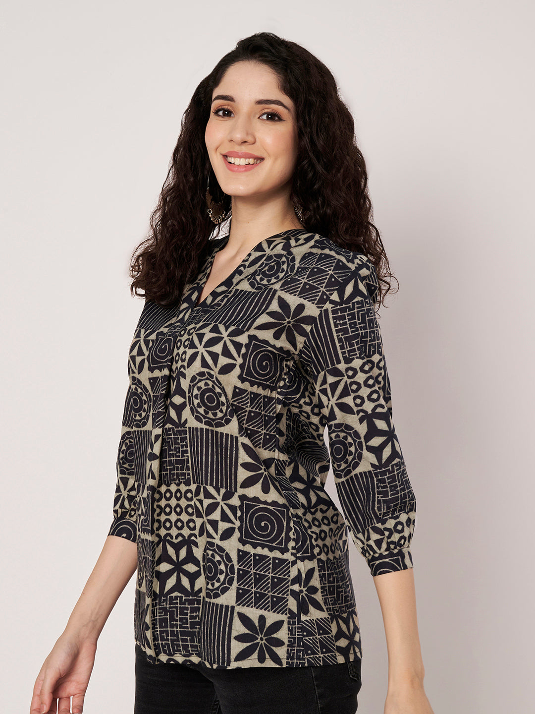 Navy Blue Printed V-Neck Cotton Top