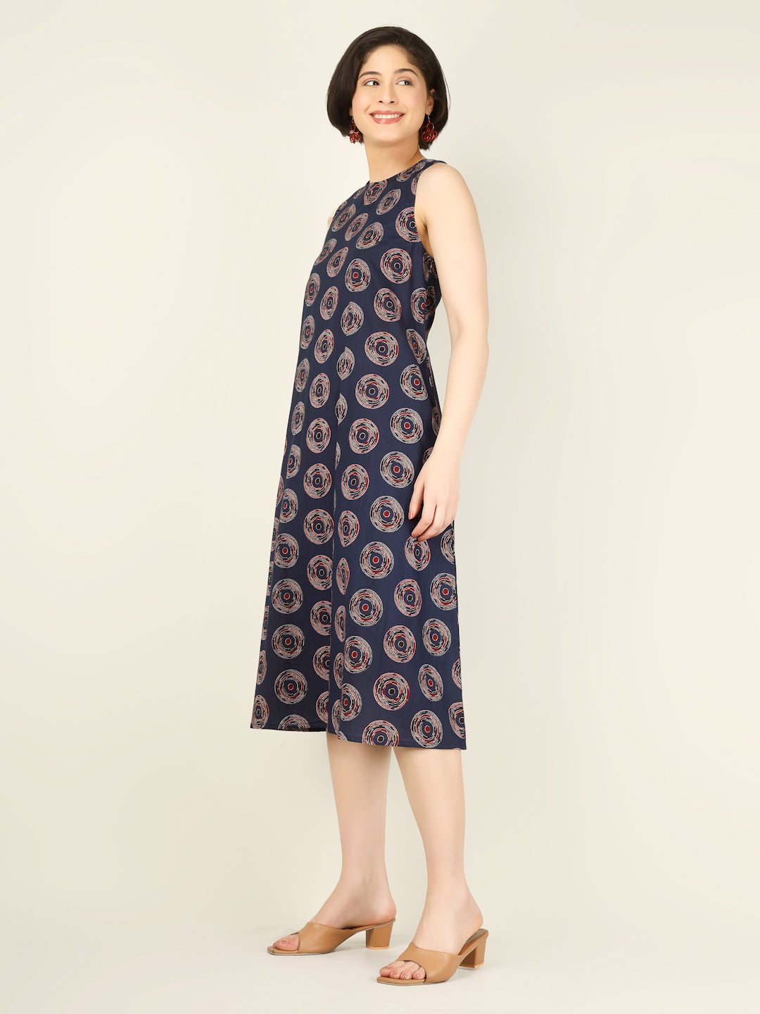 Navy Blue Printed Sleeveless A-Line Cotton Dress