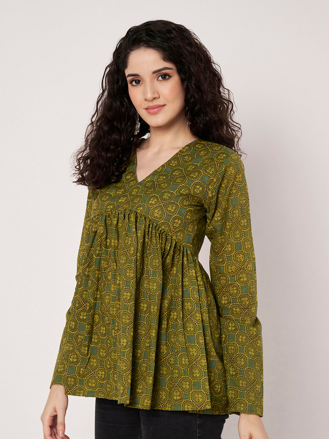 Green Printed Alia-Cut Cotton Top