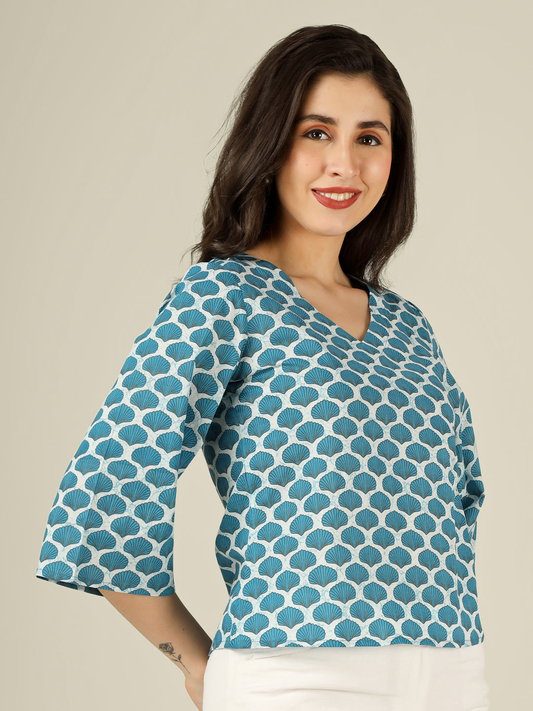 Blue Printed Straight Bell-Sleeves Top