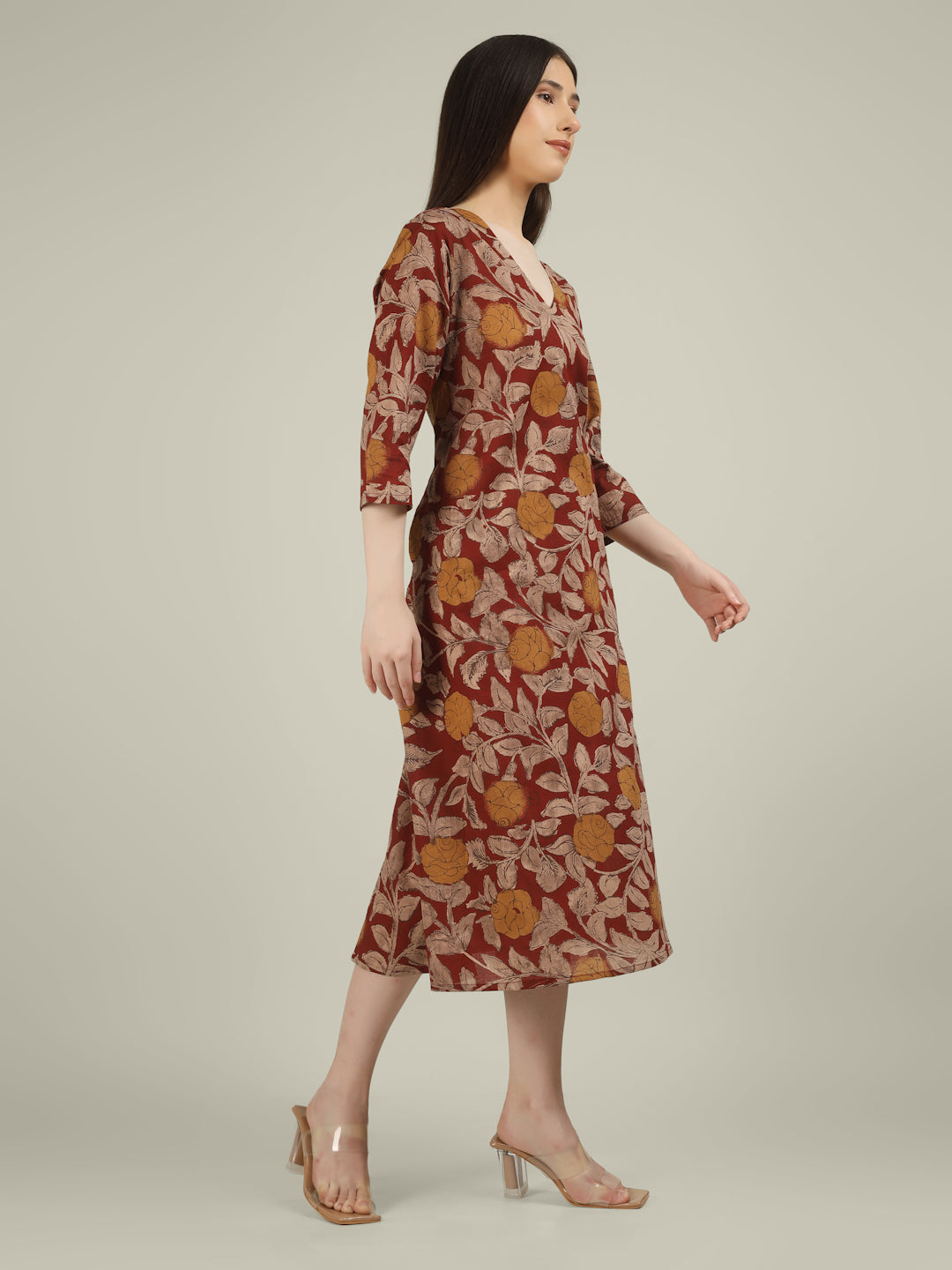 Maroon Printed 3/4th Sleeve A-Line Cotton Dress